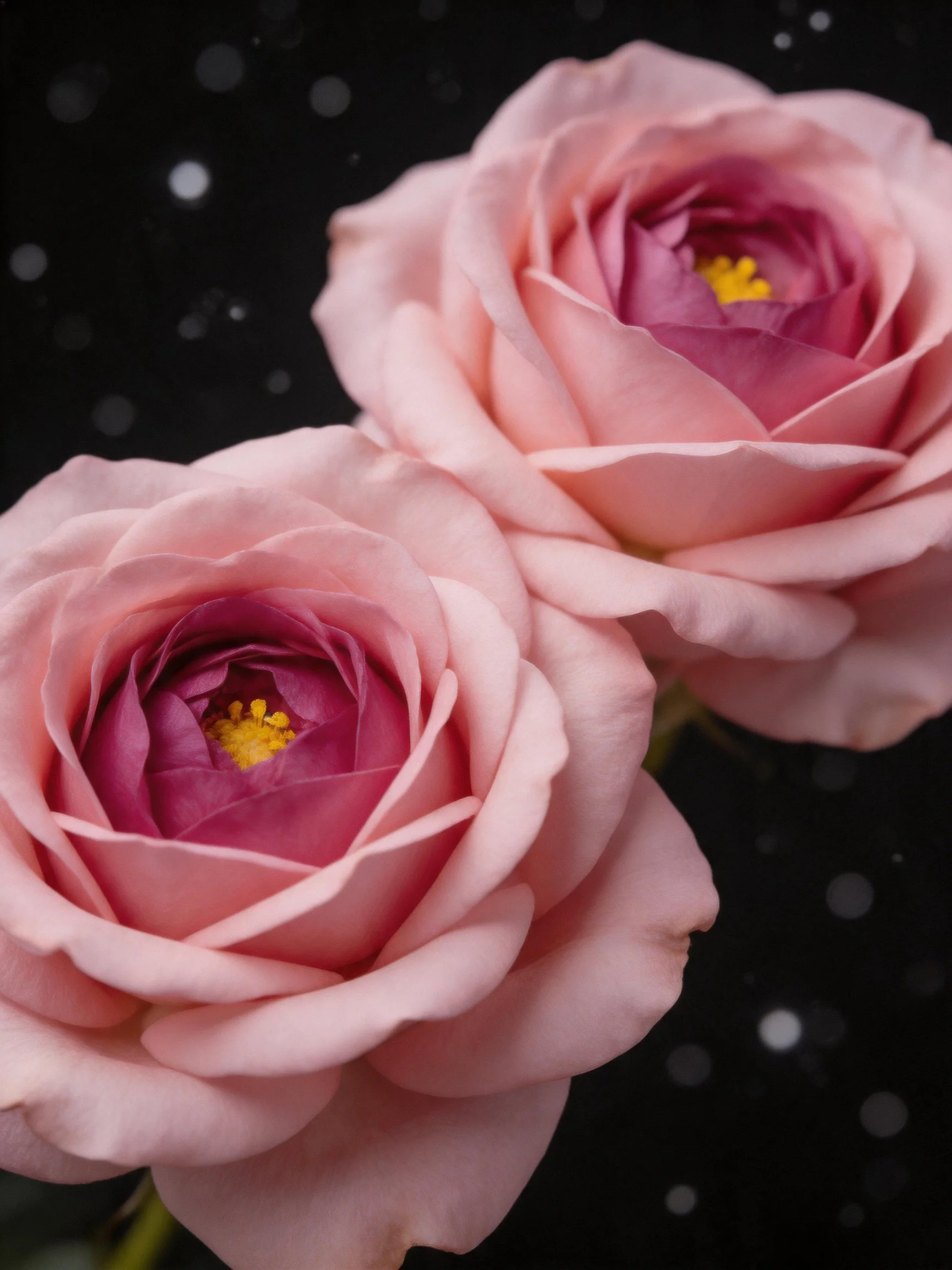 Two soft pink roses with magenta centers on a dark dotted background