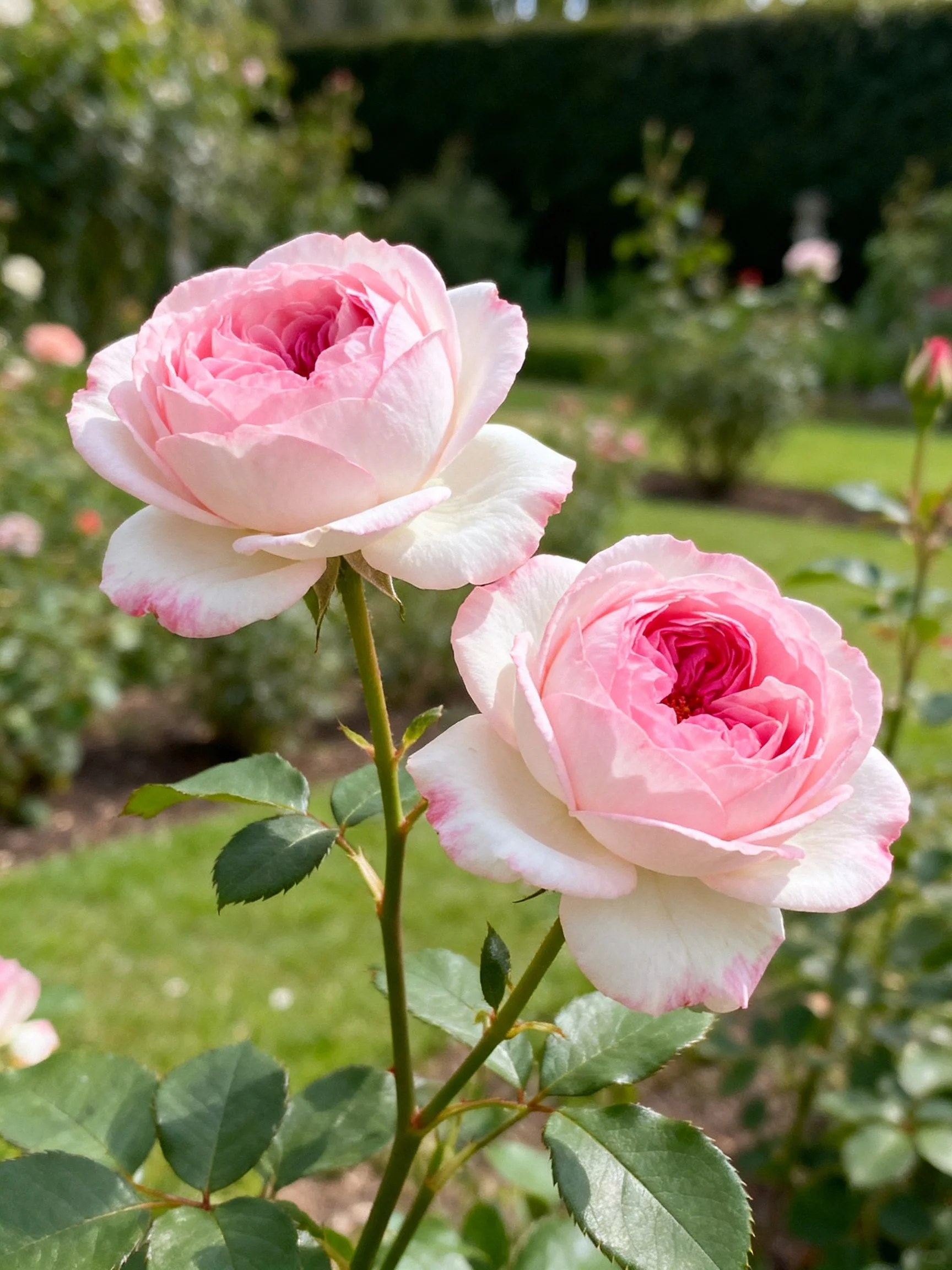 Two soft pink roses with white edges bloom in a garden
