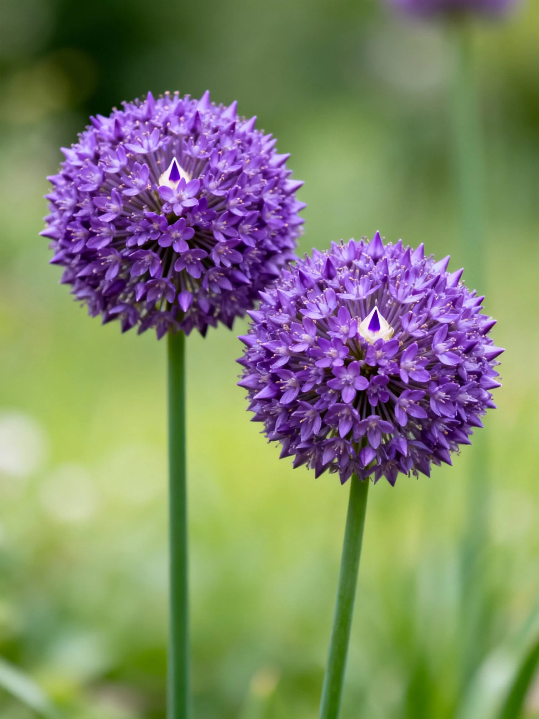 Two spherical purple allium flowers on slender green stems