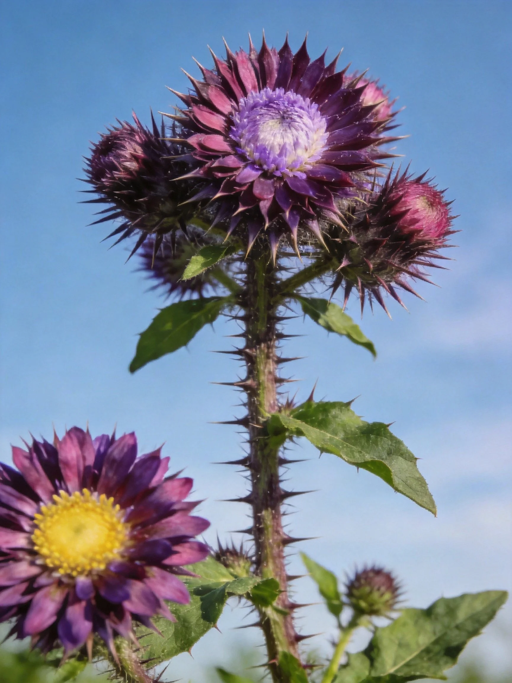 Two spiky purple thistle blooms with varied flower centers