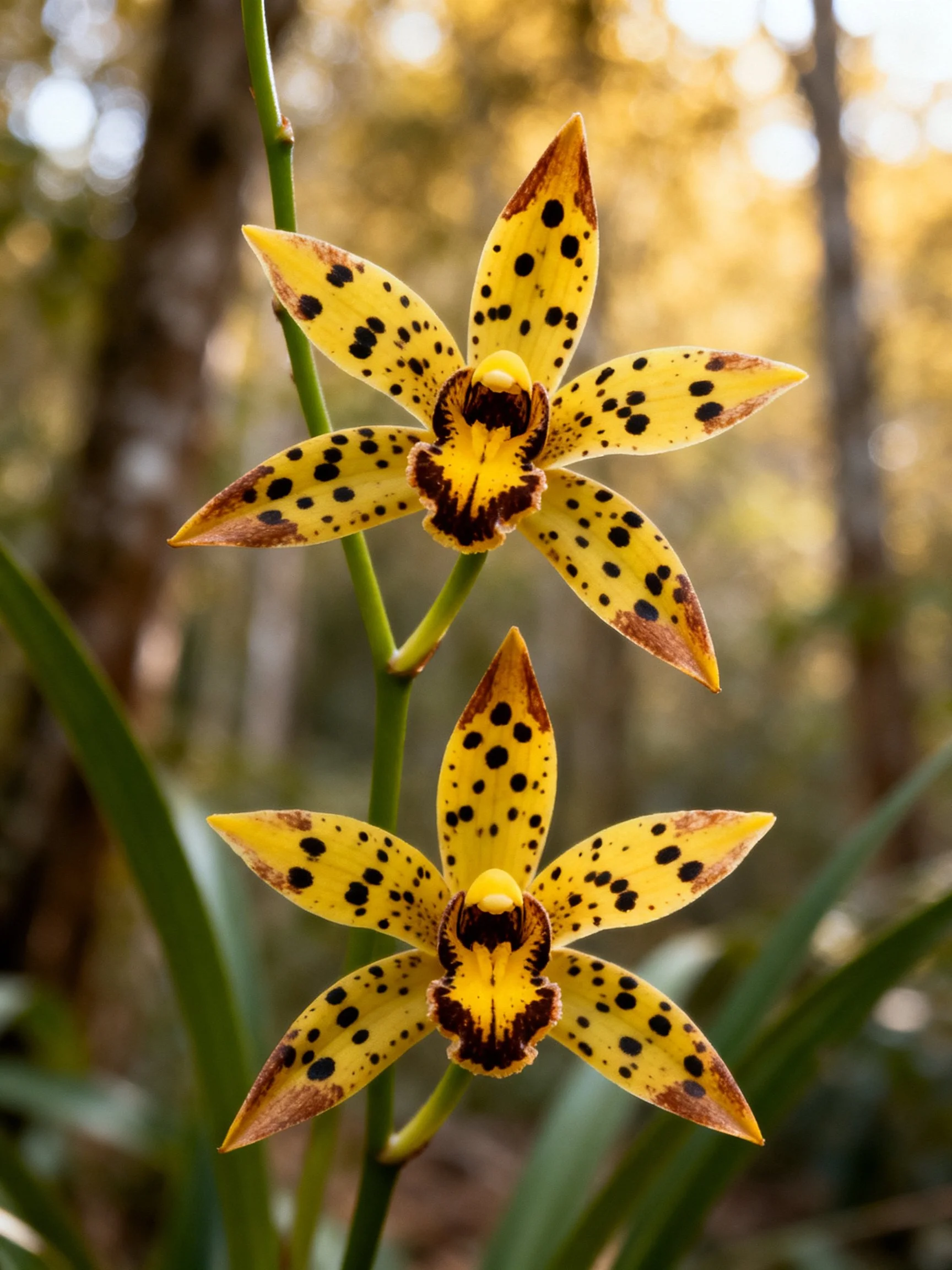 Two spotted yellow orchids bloom on green stems in a forest setting