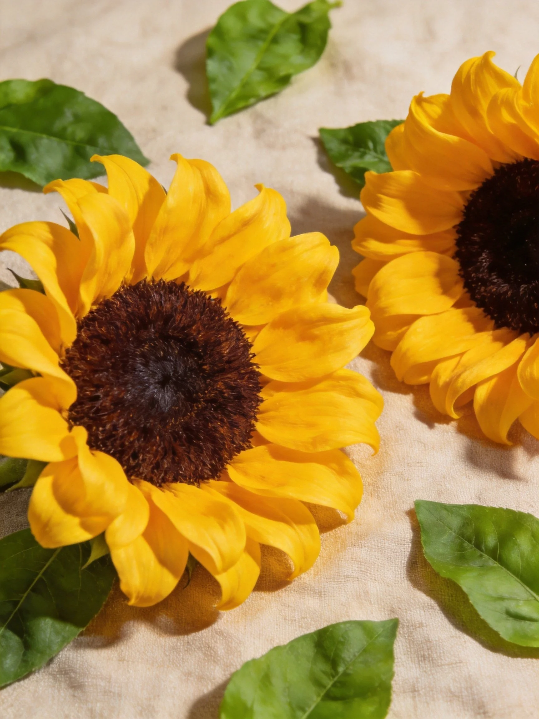 Two sunflowers with dark centers on a beige cloth surrounded by green leaves