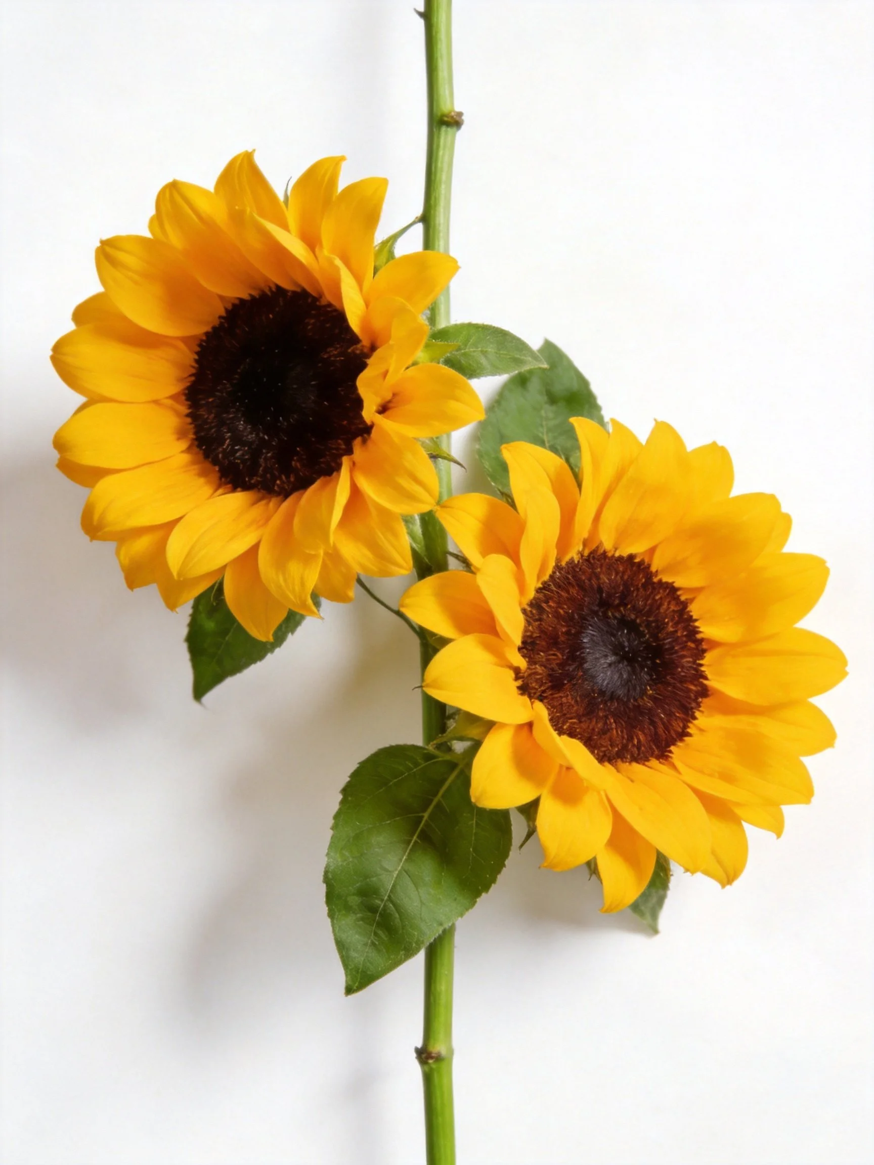 Two sunflowers with golden petals and dark centers on a single green stem