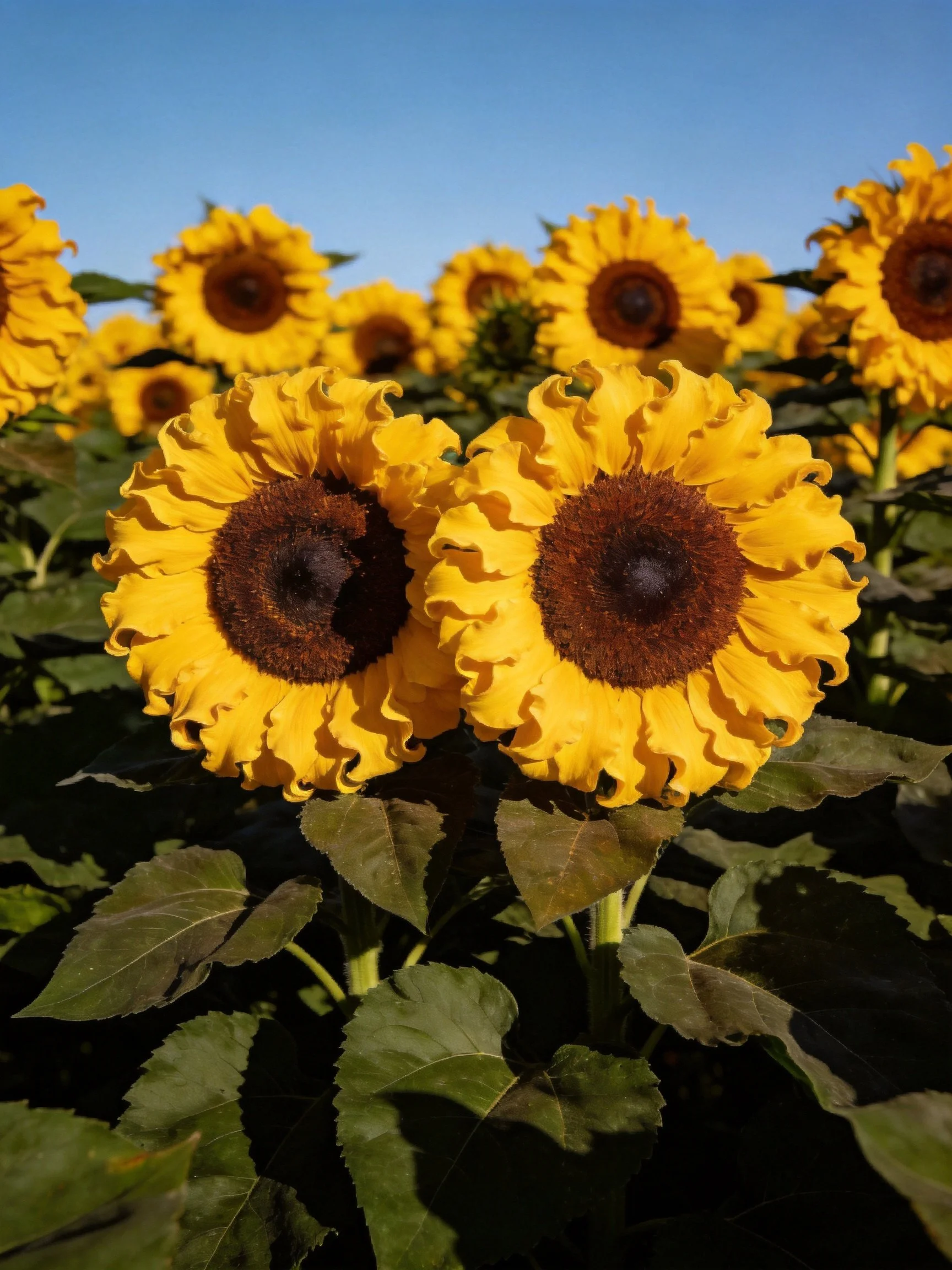 Two sunflowers with ruffled petals and dark centers amidst a field of sunflowers