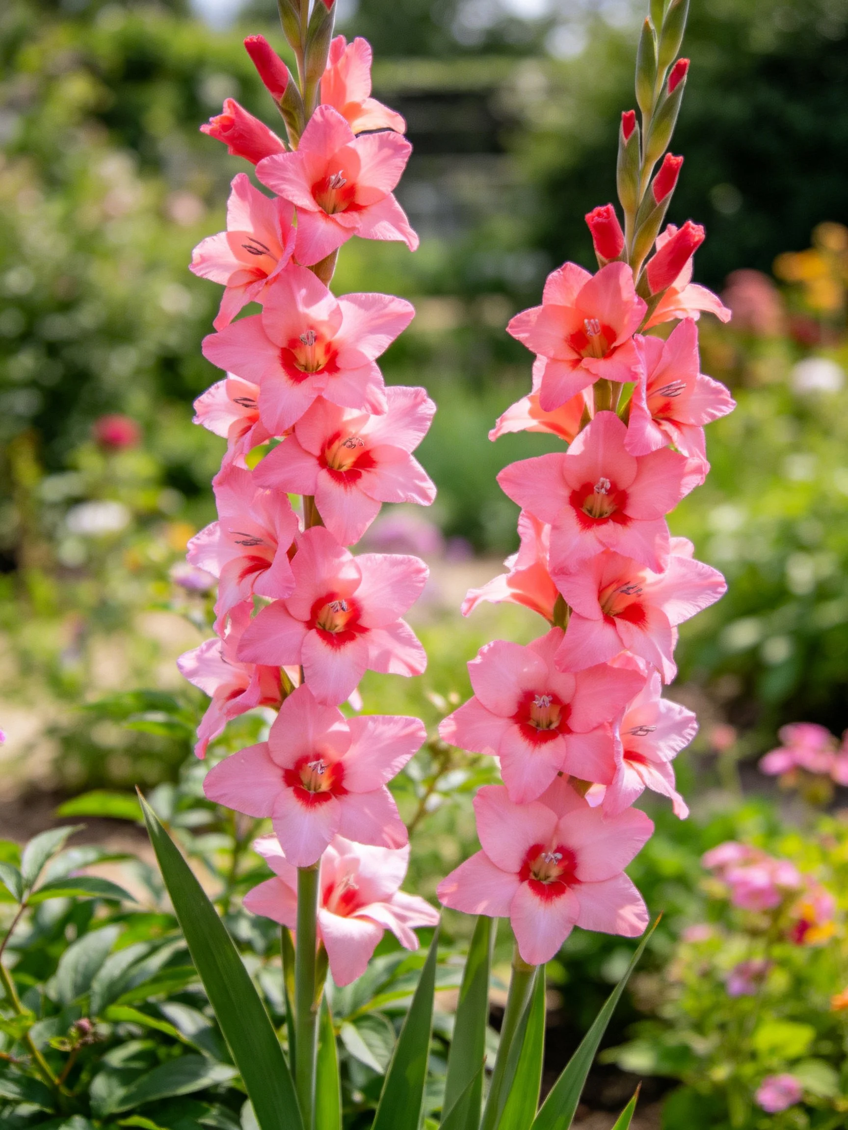Two tall stalks of pink gladiolus with red centers