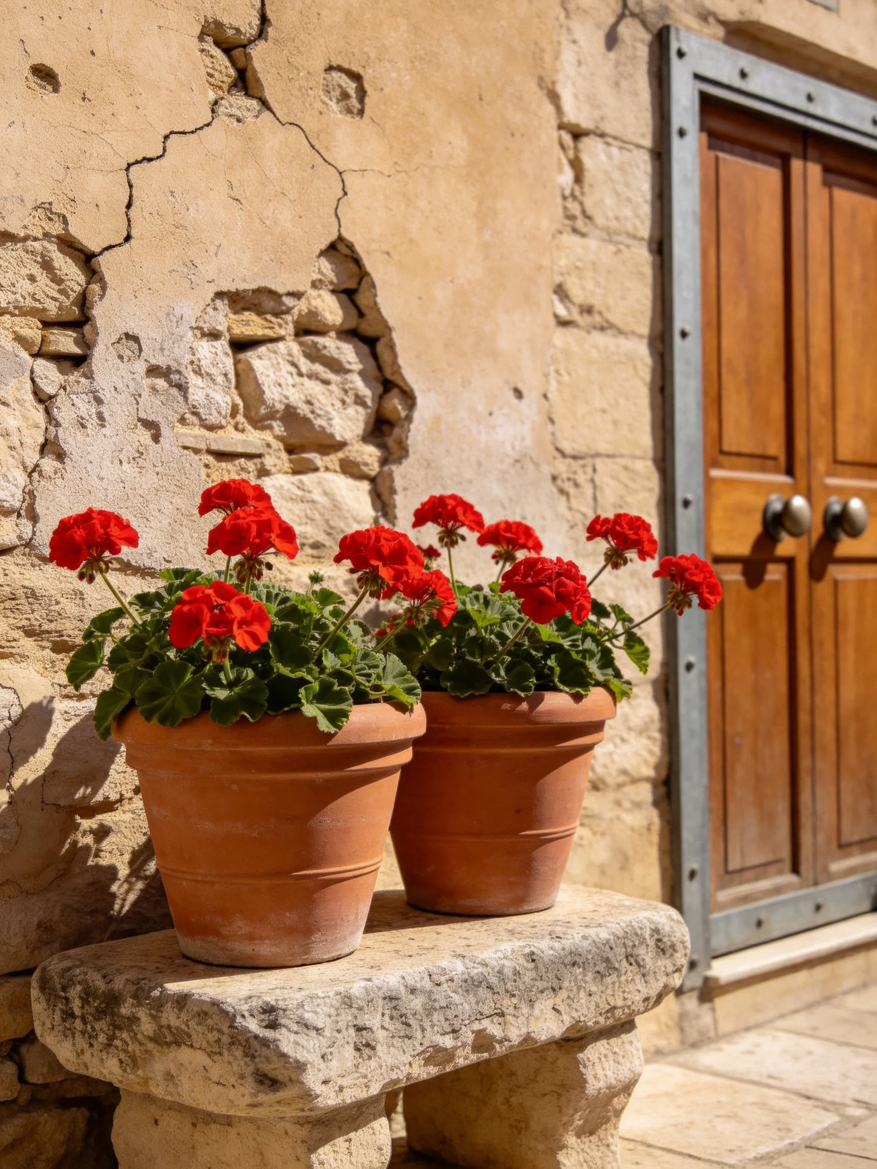Two terracotta pots with bright red flowers on a stone bench near an old wall