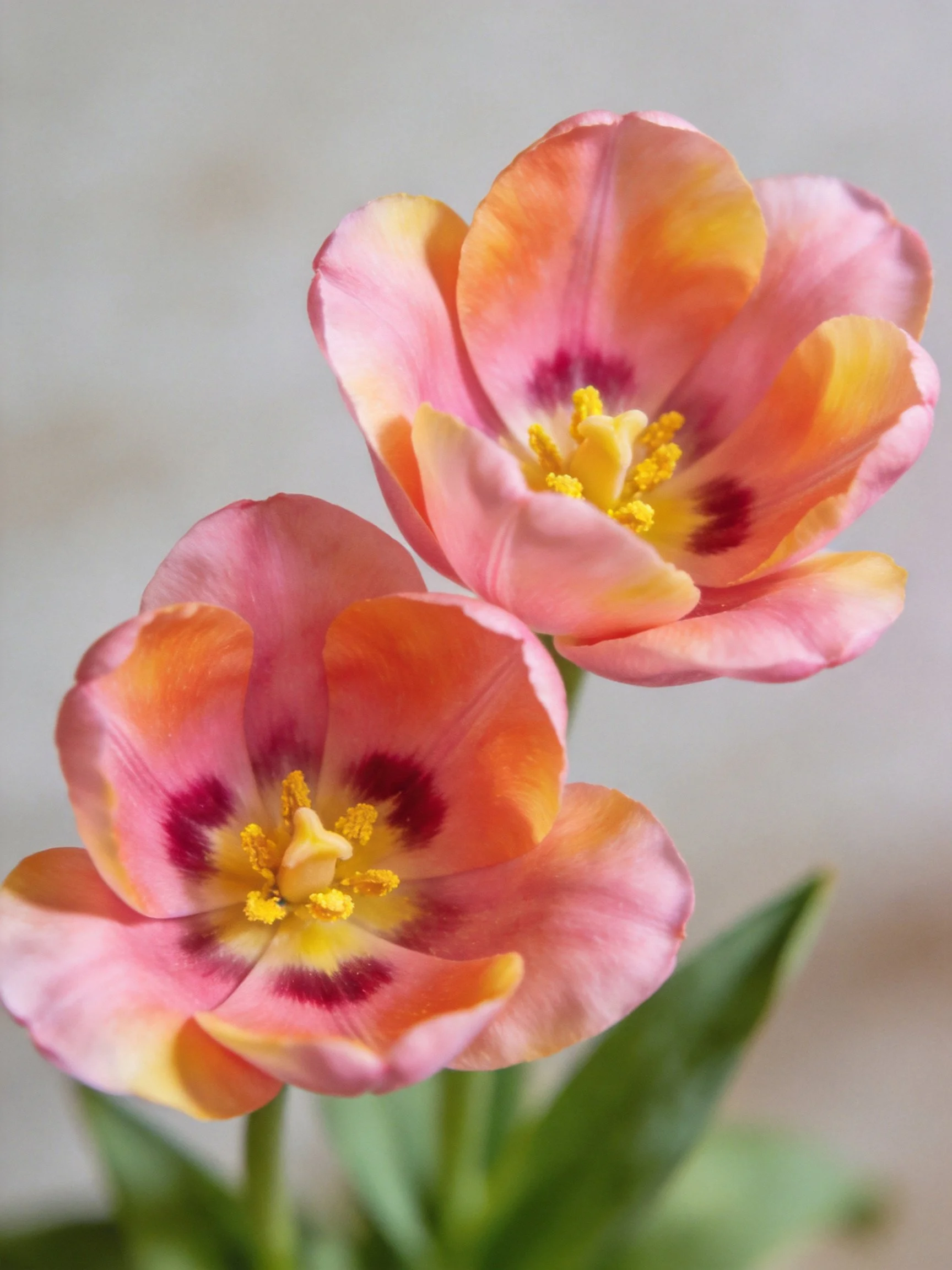 Two tulip flowers with pink-orange petals and yellow centers