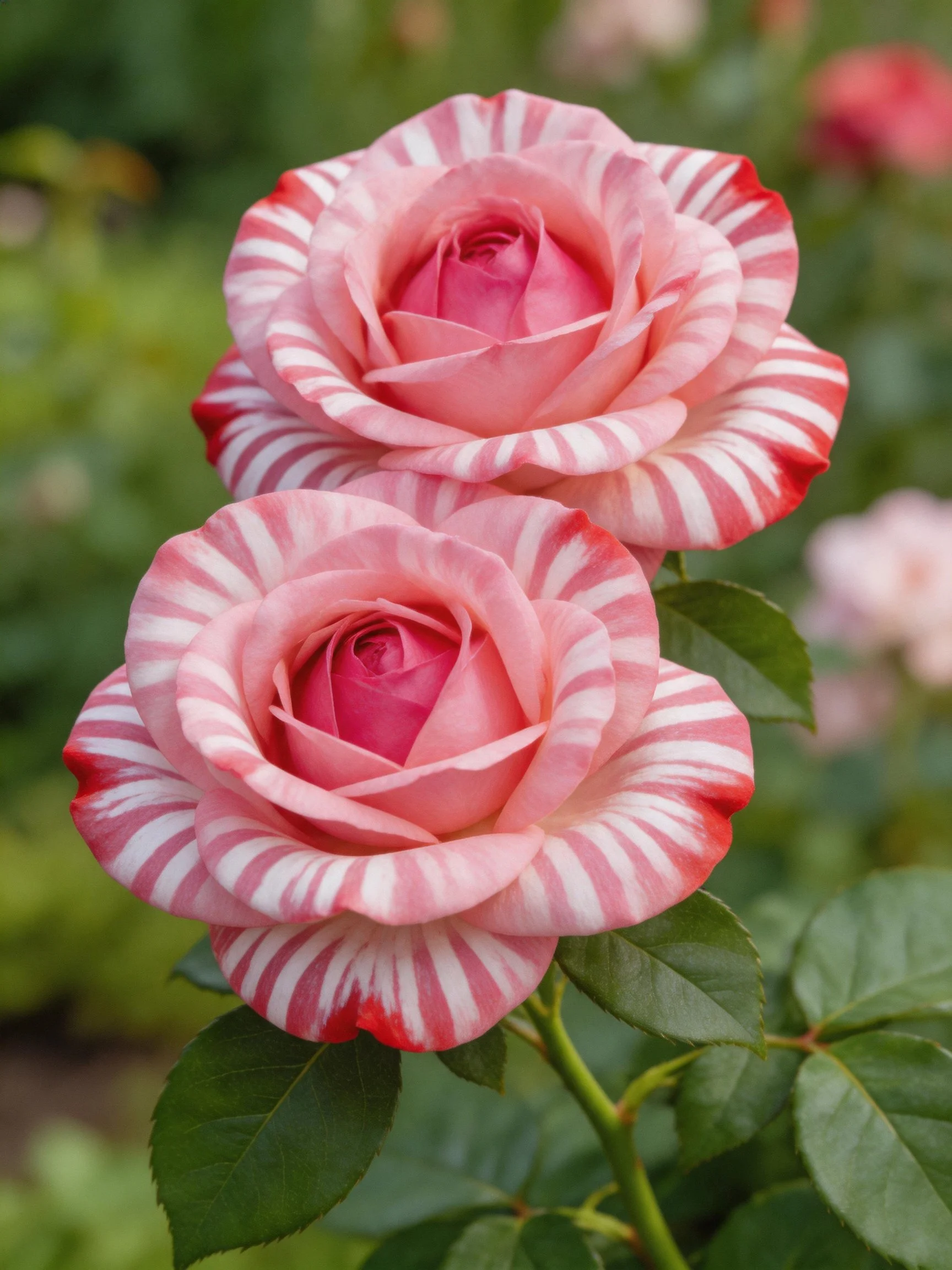Two variegated pink roses with white stripes
