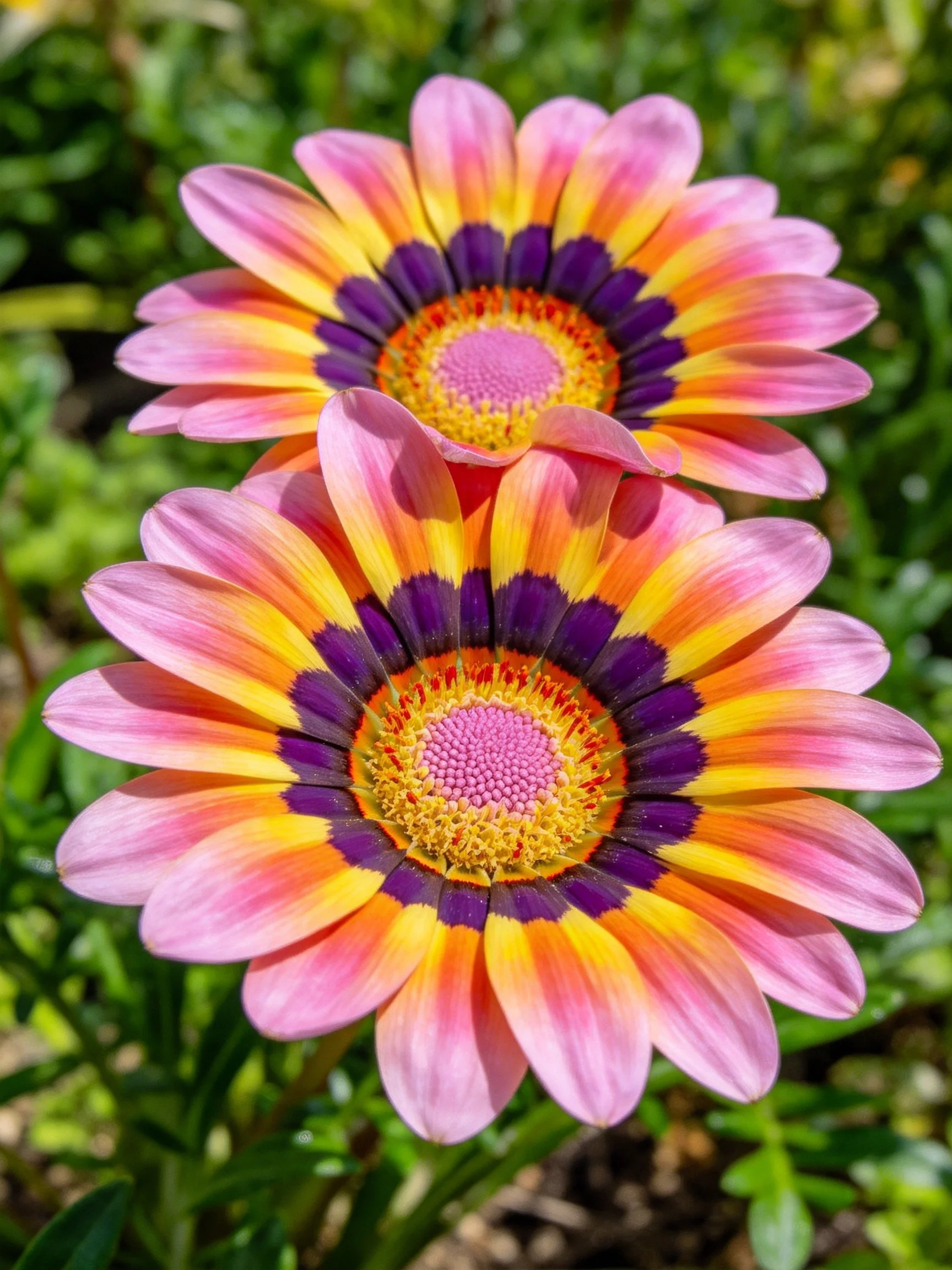 Two vibrant Gazania flowers with pink, yellow, and purple petals