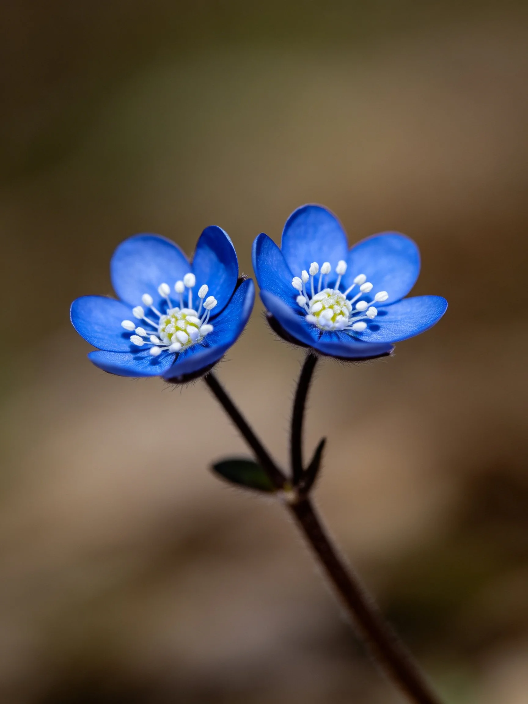 Two vibrant blue flowers with white stamens on dark stems