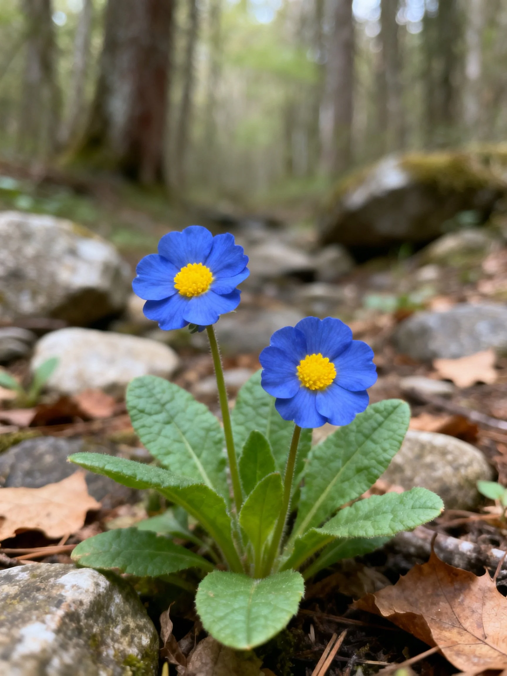 Two blue flowers with yellow centers grow among rocks and fallen leaves in a forest.