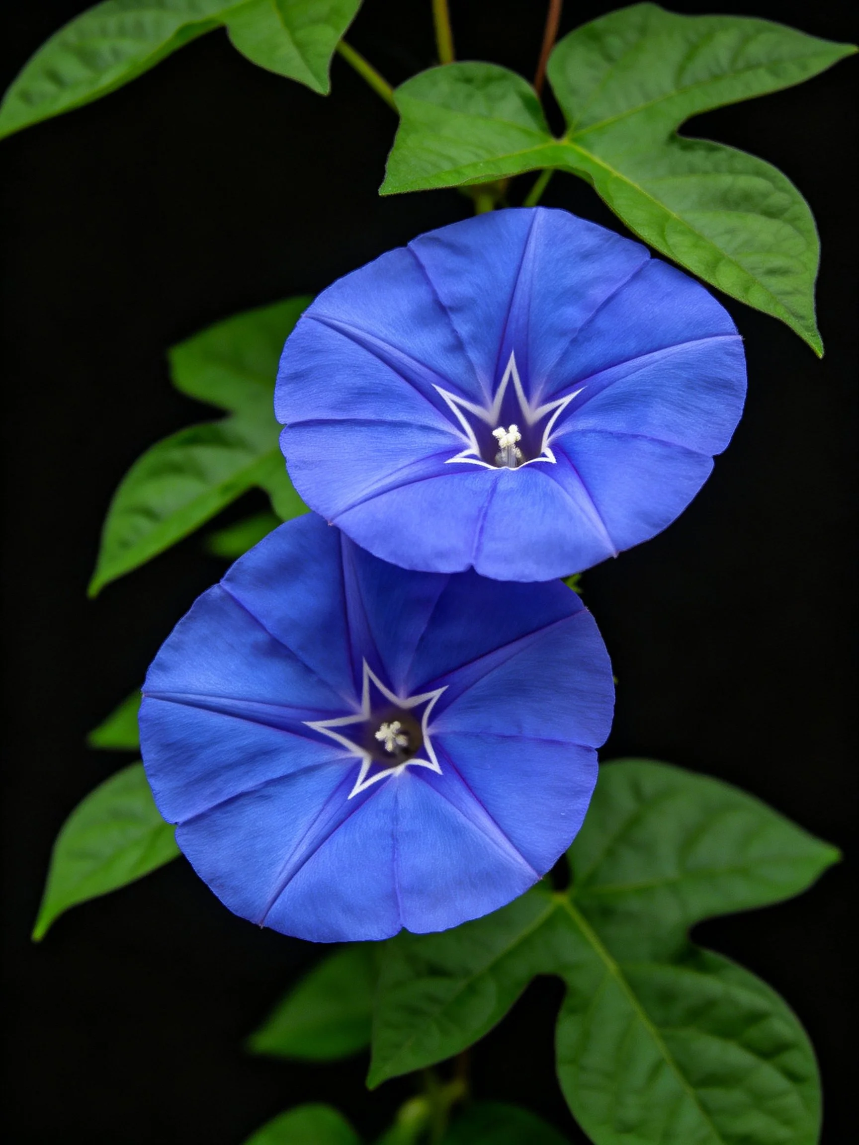 Two vibrant blue morning glories with lush green foliage against a black backdrop
