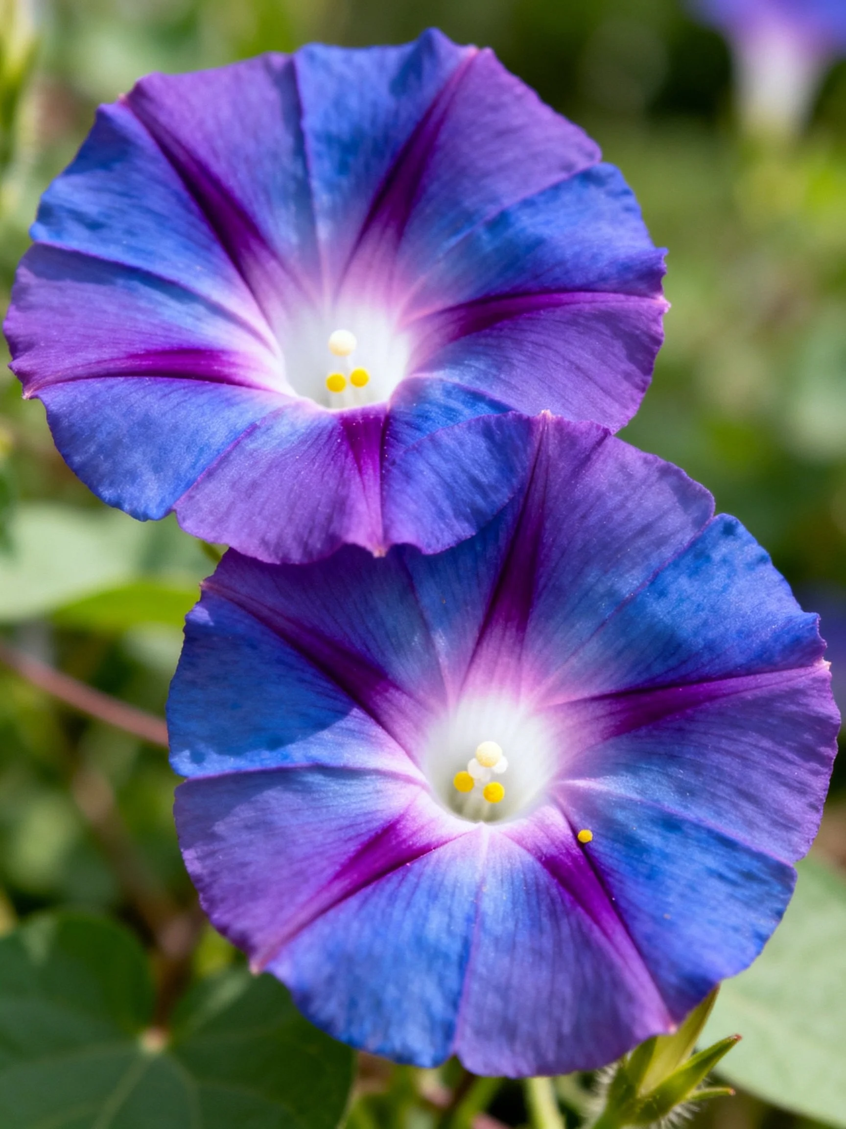 Two vibrant blue-purple morning glories with gradient petals