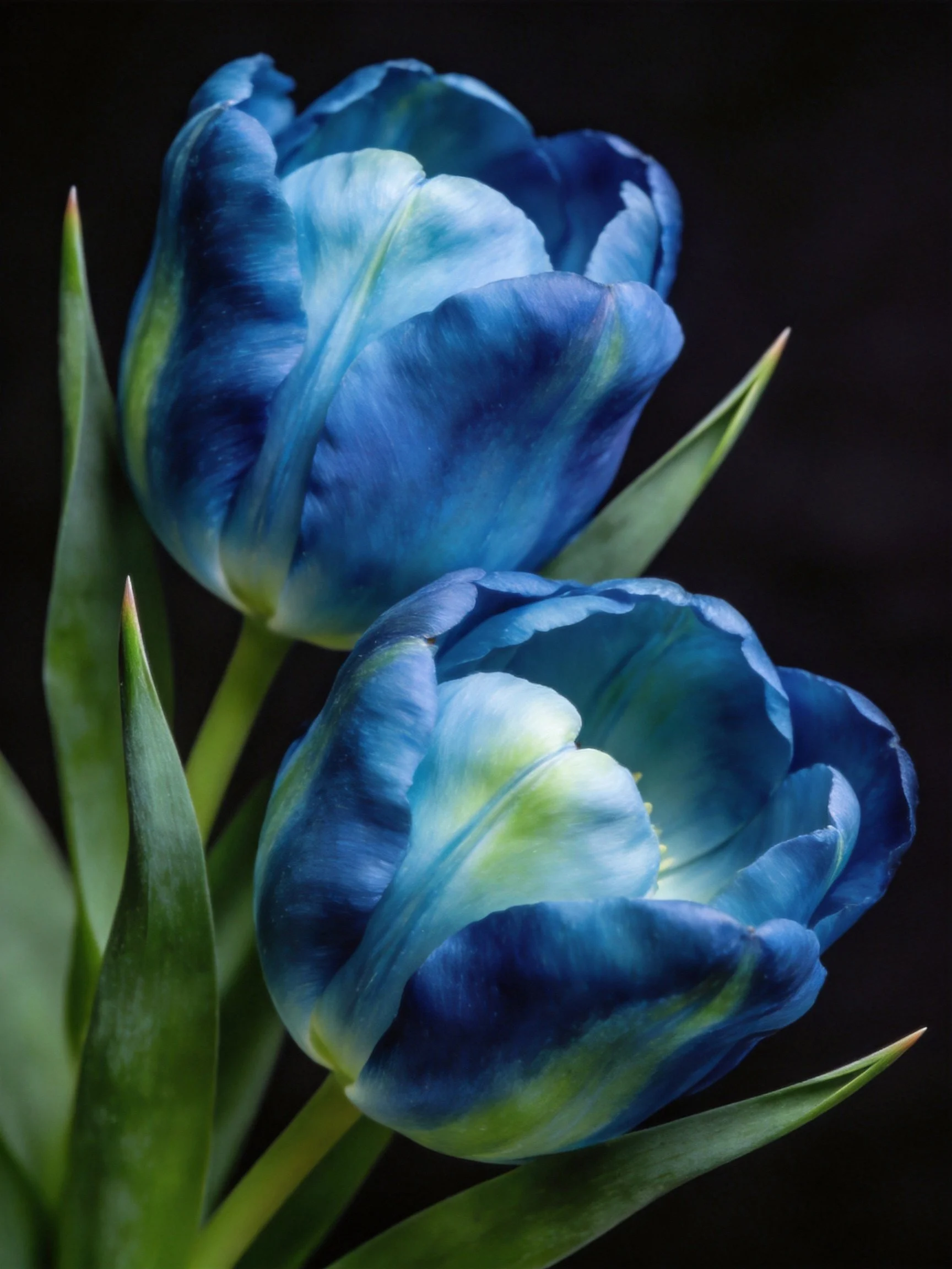 Two vibrant blue tulips with green accents against dark backdrop
