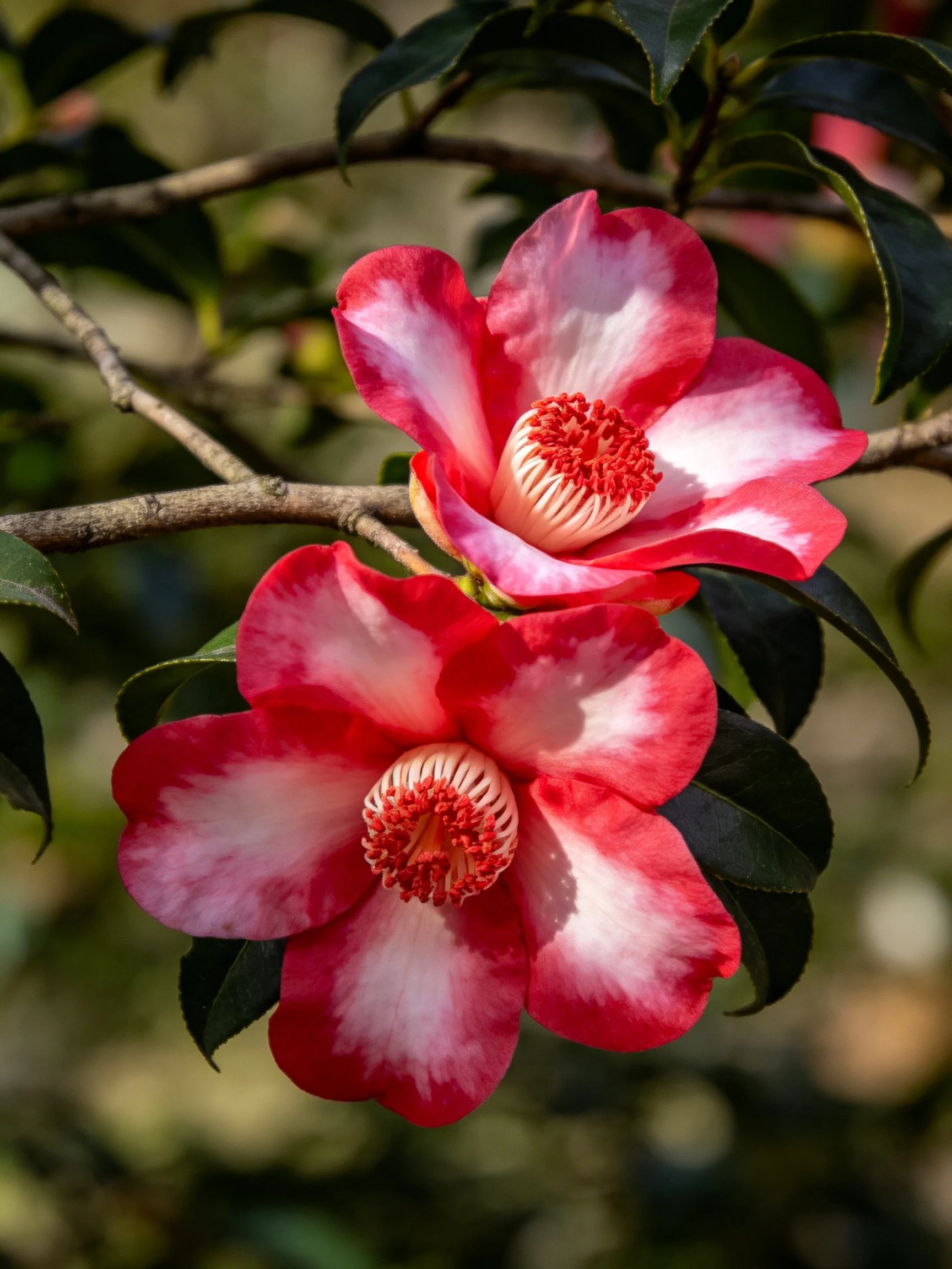 Two camellia flowers with pink and white petals bloom amid dark green leaves