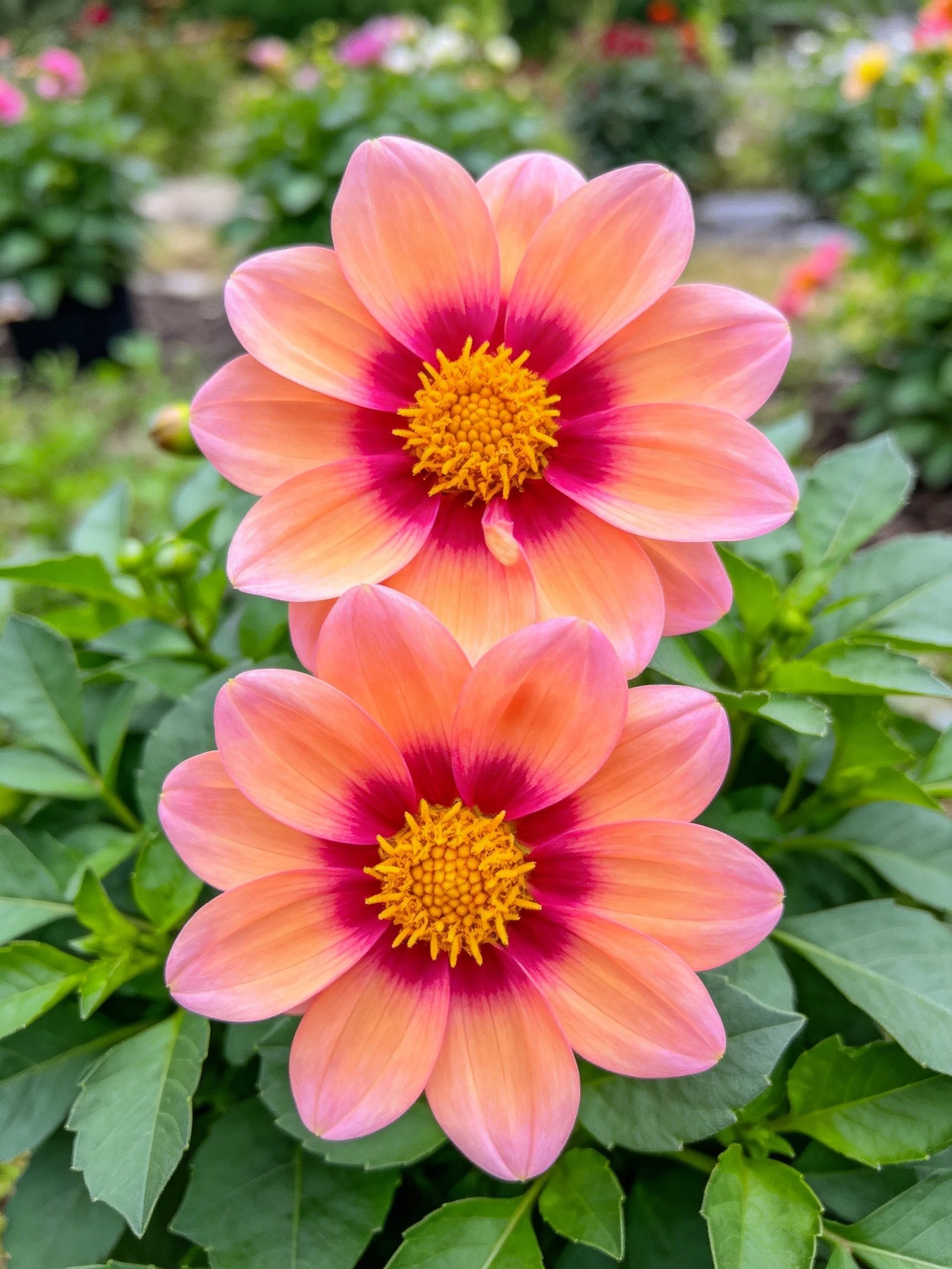 Two vibrant dahlias with peach petals and magenta centers in a lush garden