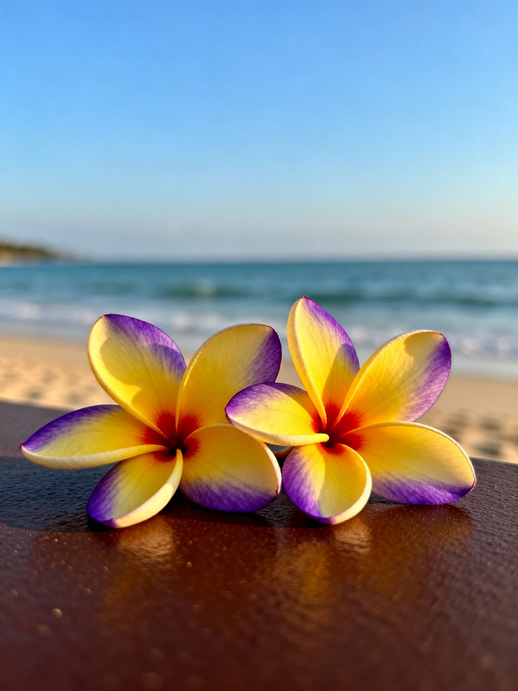 Two vibrant frangipani flowers with yellow and purple petals near a serene beach