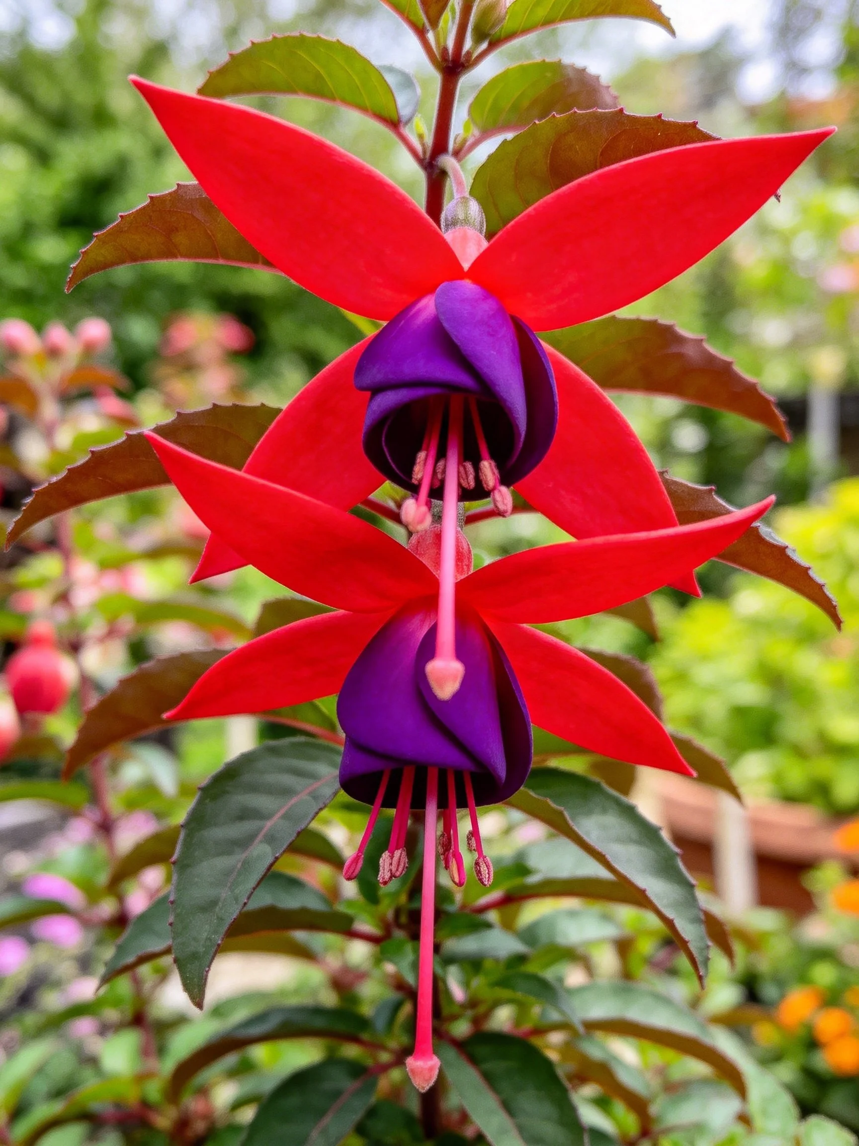 Two vibrant fuchsia blooms with red petals and purple centers