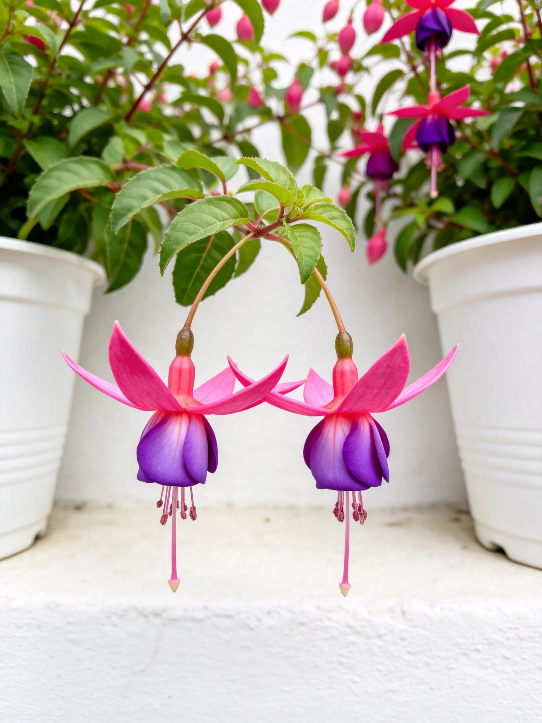 Two vibrant fuchsia flowers in white pots with lush green foliage