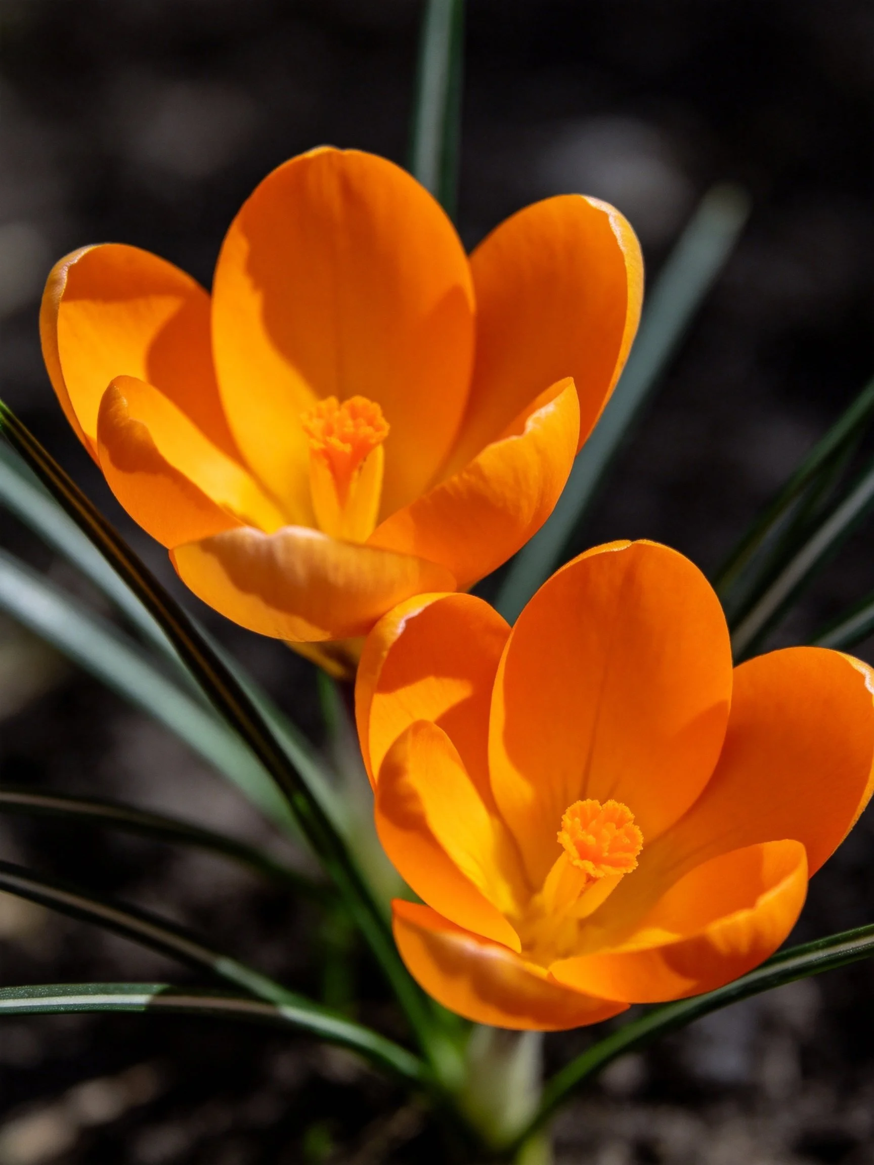 Two bright orange crocus blooms stand out against a dark backdrop.