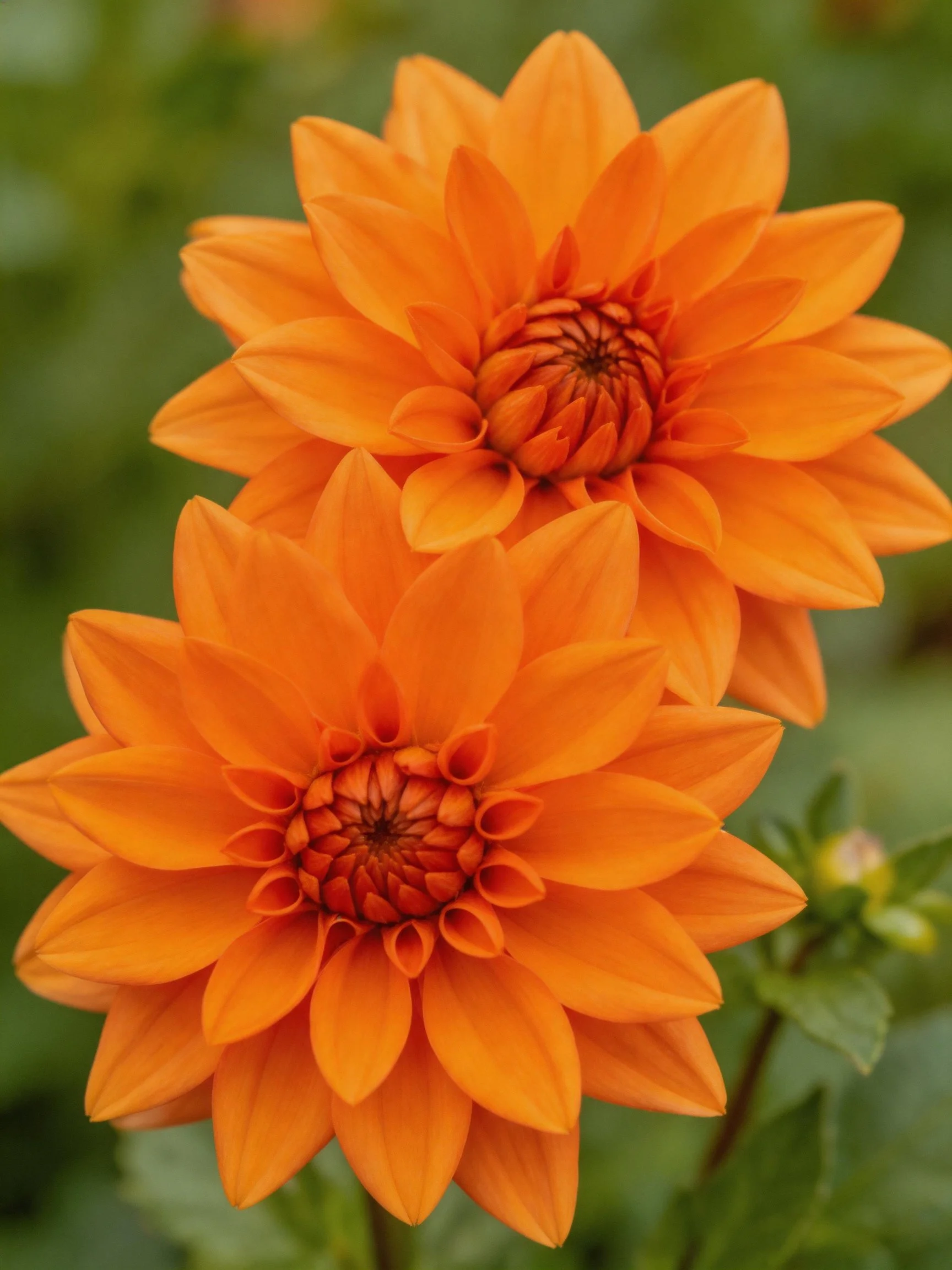 Two vibrant orange dahlia blooms with green backdrop
