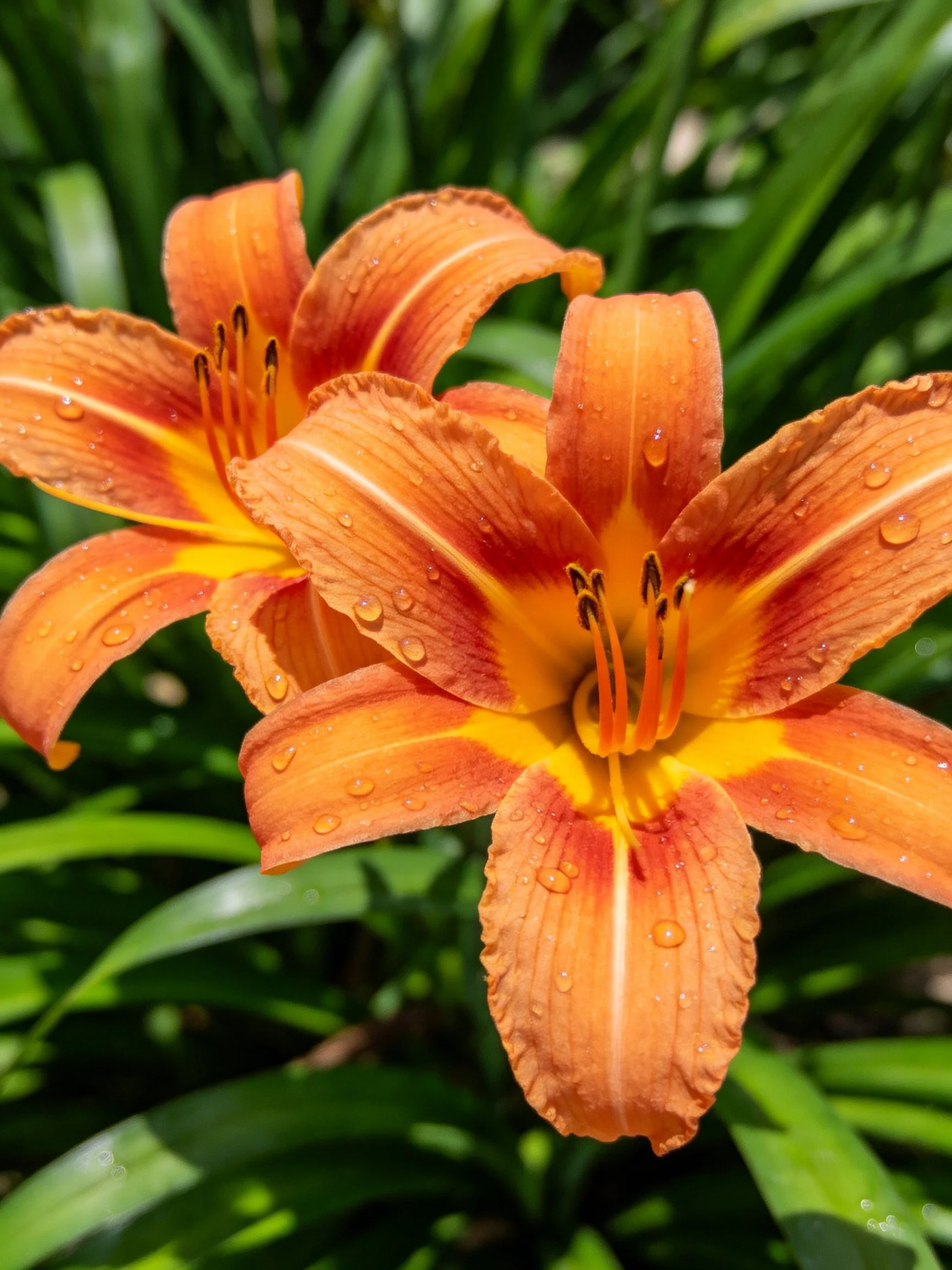 Two vibrant orange daylilies with water droplets amid lush green foliage