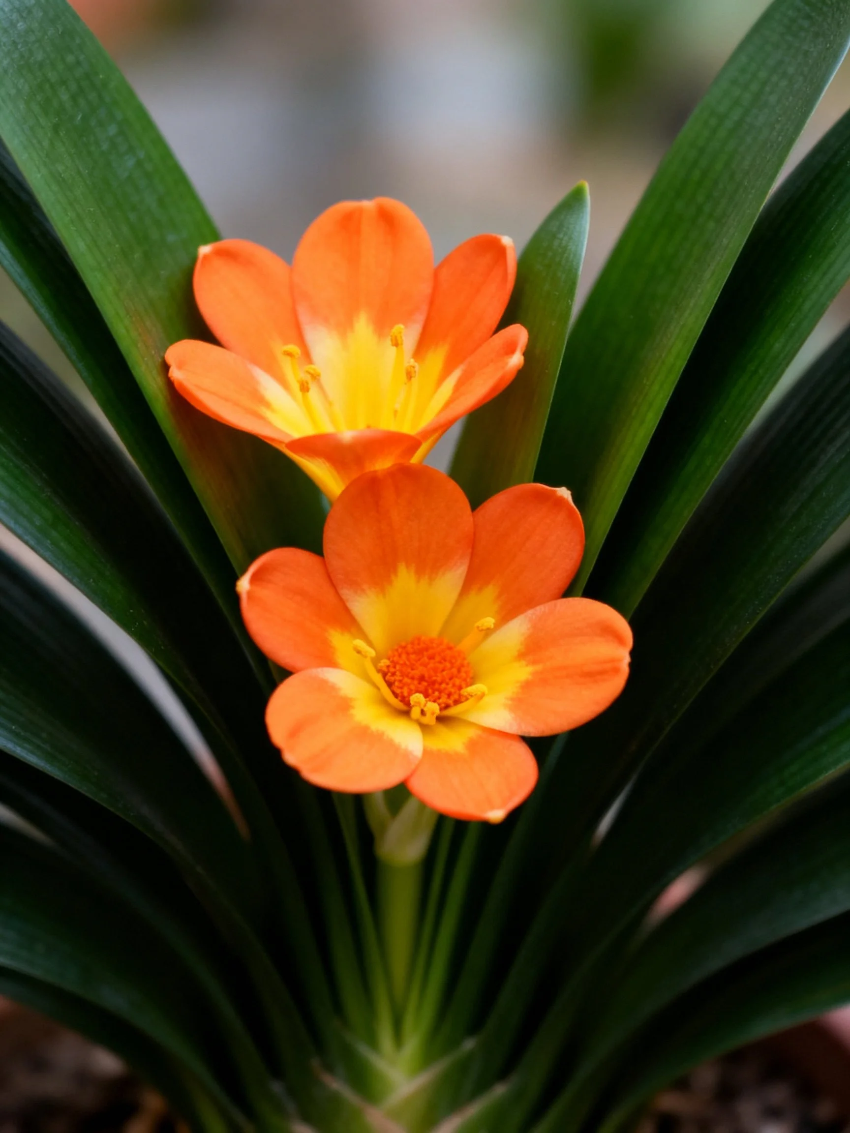 Two vibrant orange flowers with yellow centers amid long green leaves