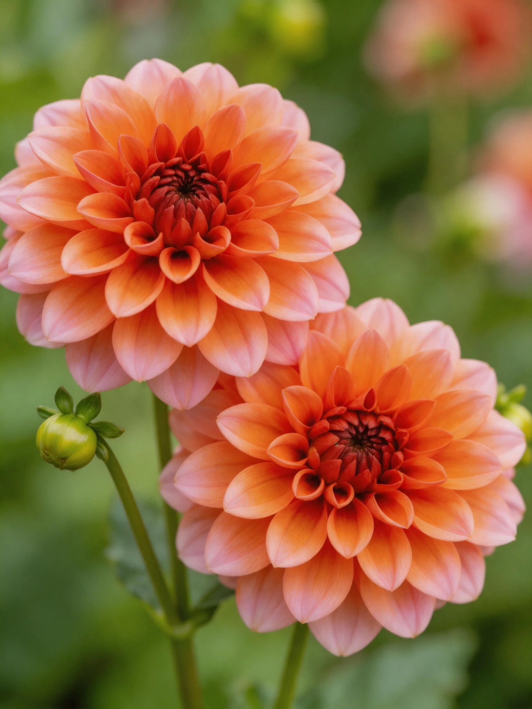 Two vibrant orange-pink dahlia blossoms with green buds