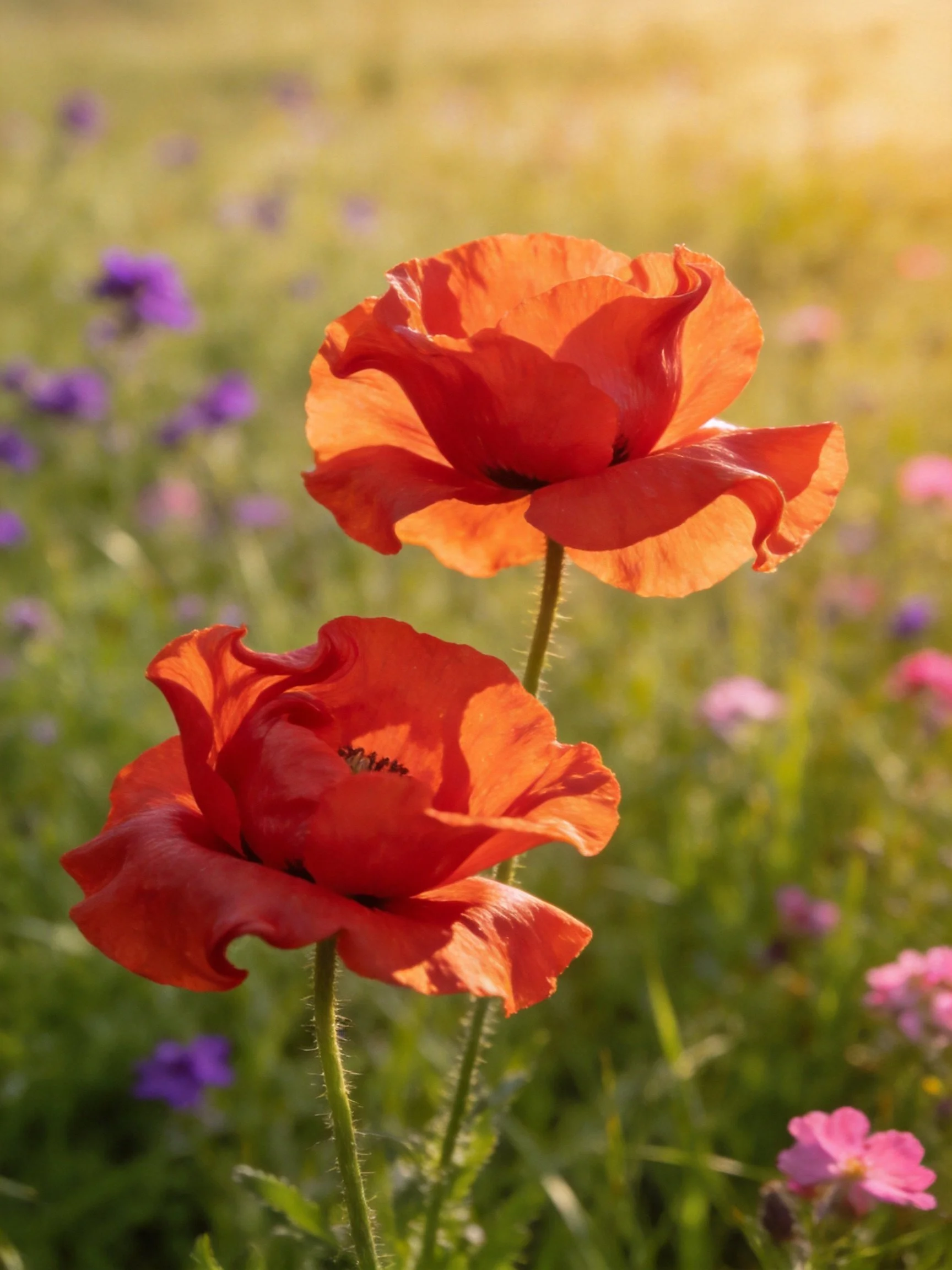 Two vibrant orange poppies in a sunlit meadow
