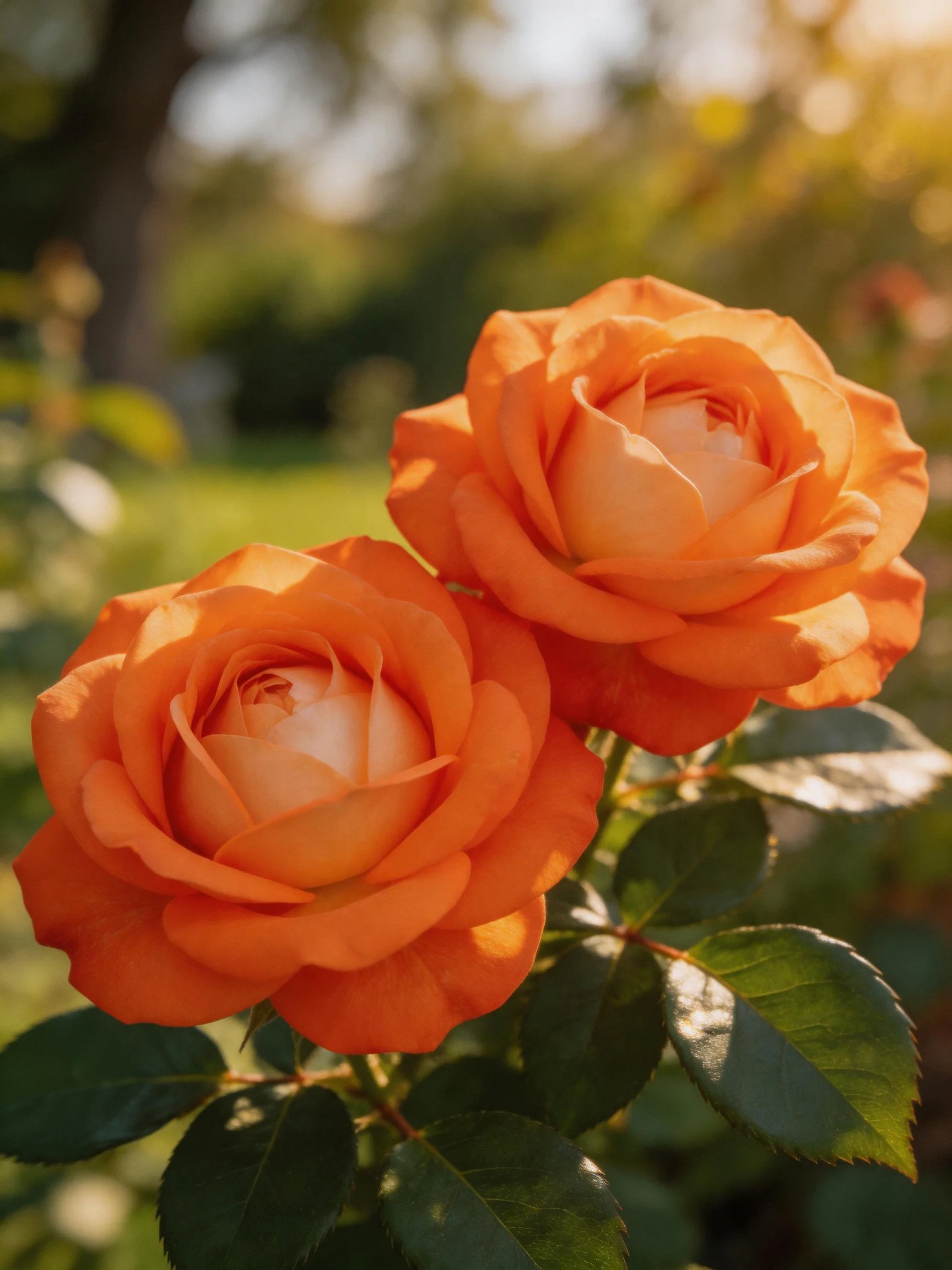 Two vibrant orange roses bloom in a sunlit garden setting.