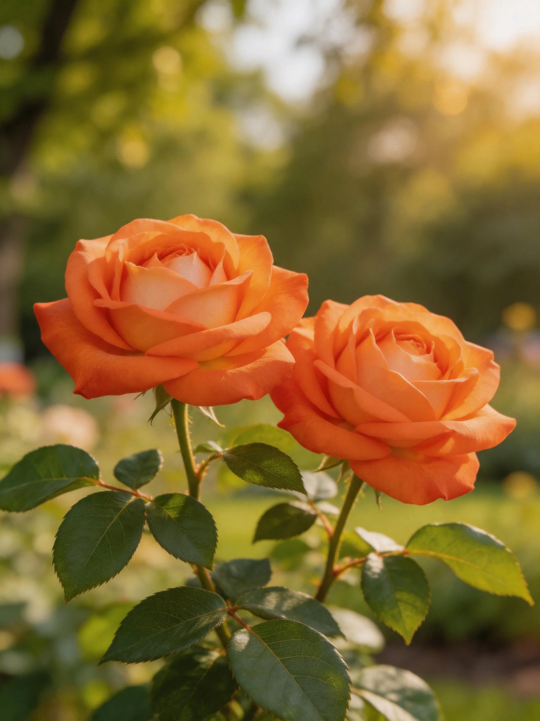 Two vibrant orange roses bloom with lush green leaves in a sunlit garden