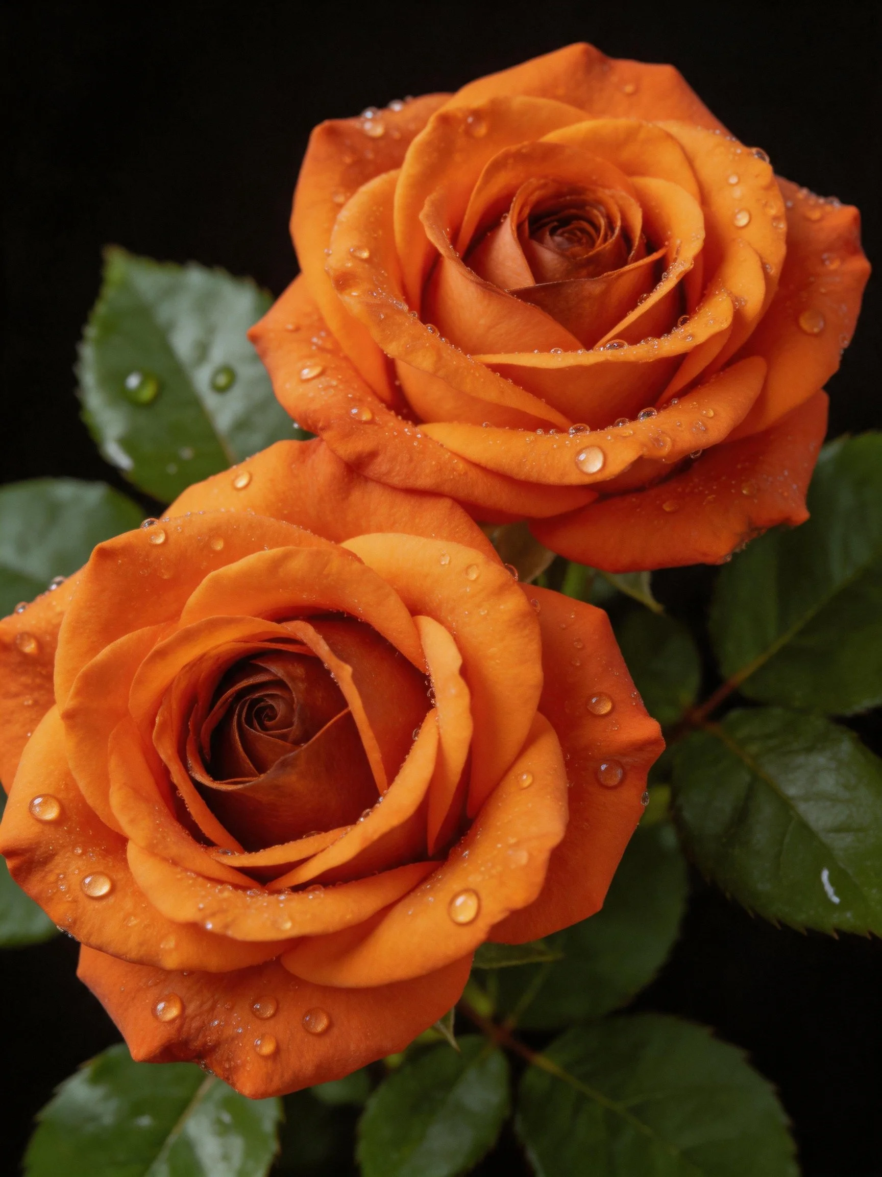 Two vibrant orange roses with dewdrops and green leaves