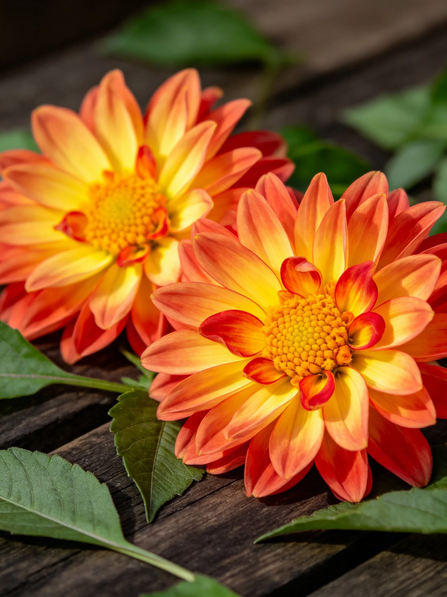 Two vibrant orange-yellow dahlia blooms on a dark wooden surface with green foliage