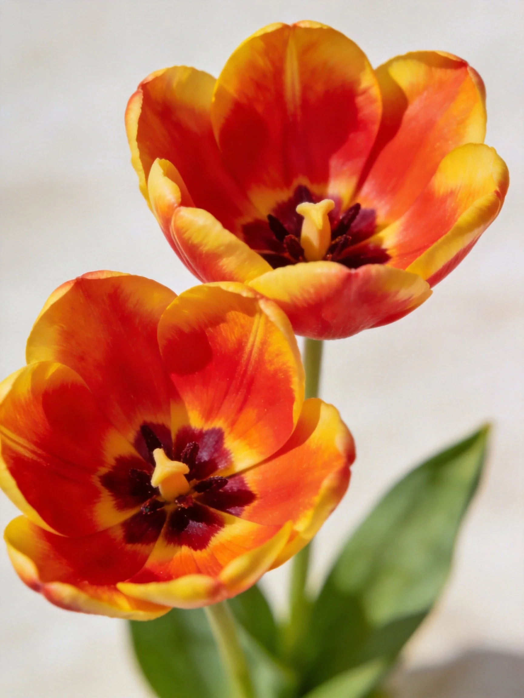Two vibrant orange-yellow tulips with dark centers