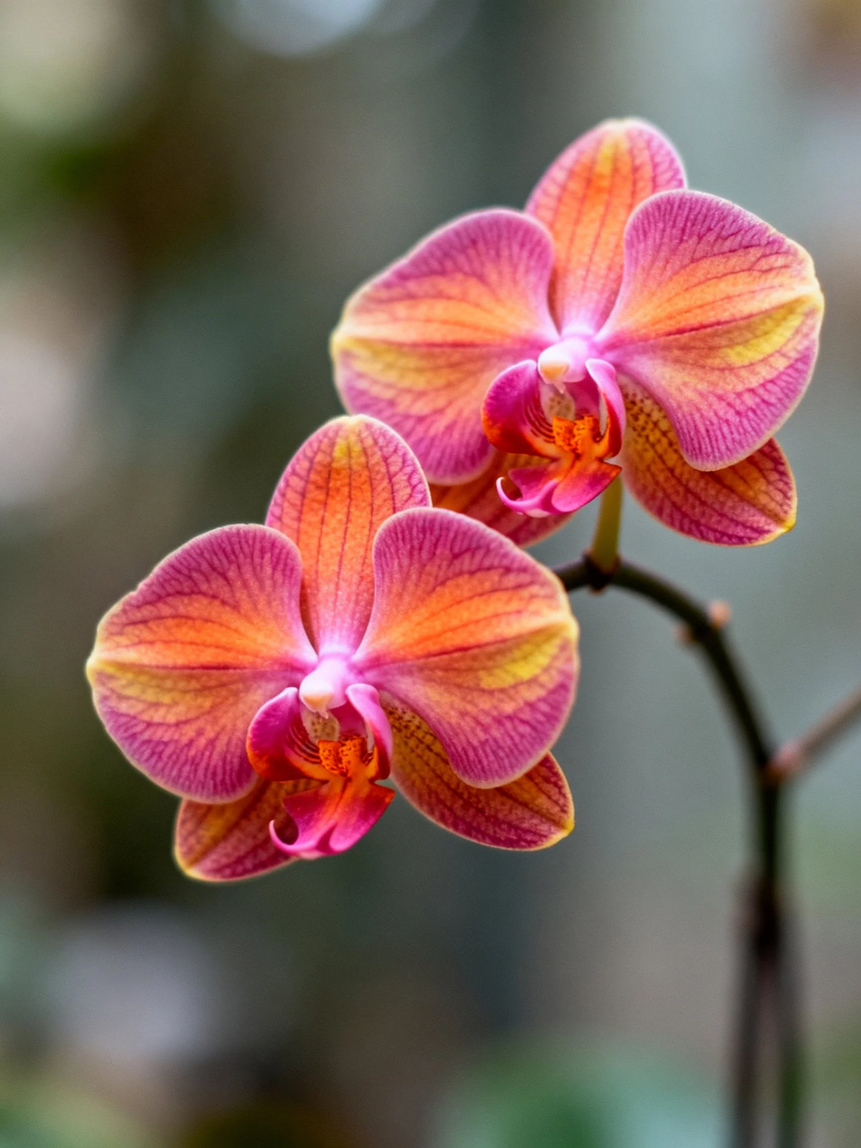 Two vibrant orchid blooms with pink and orange hues