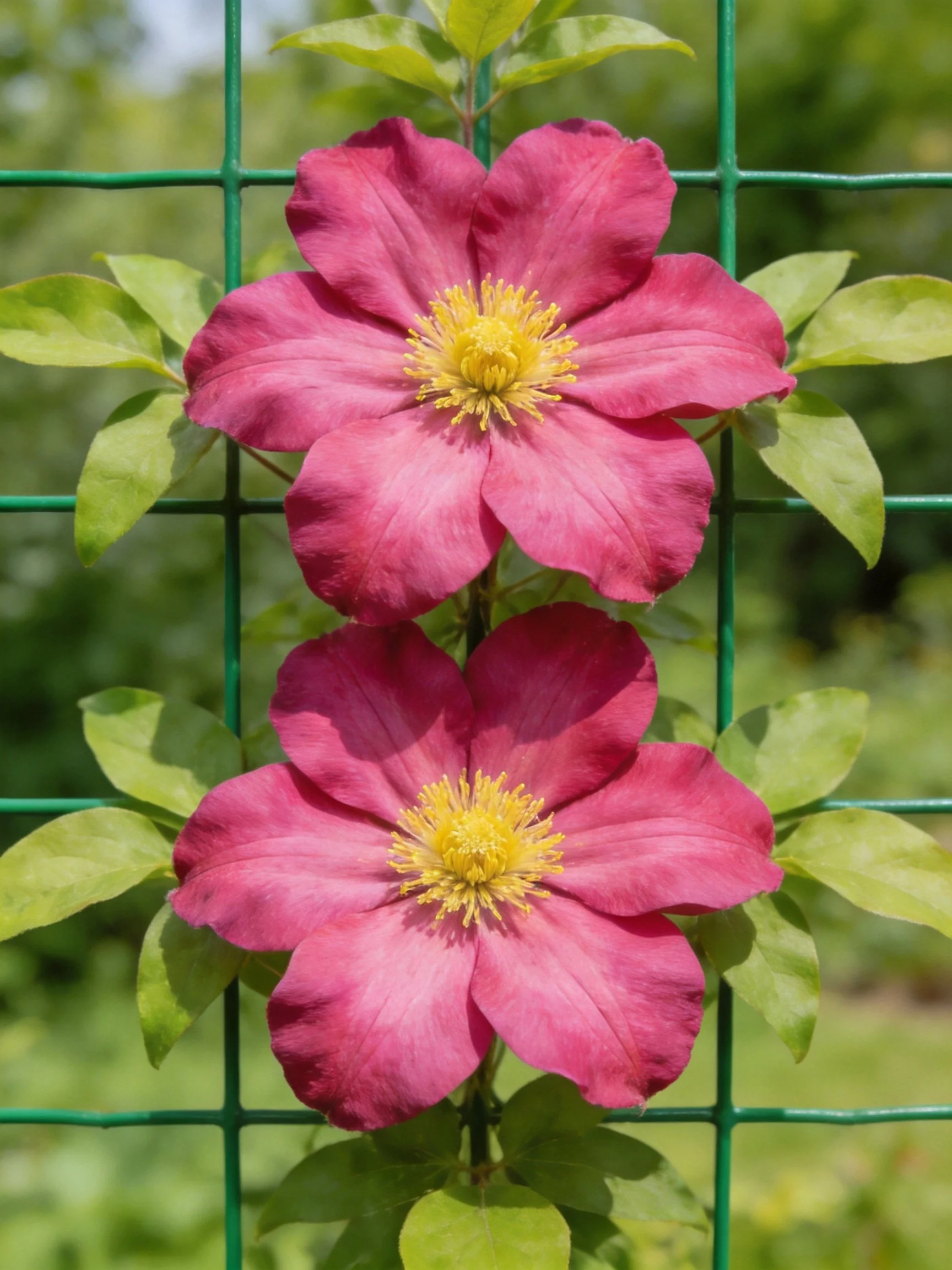 Two vibrant pink clematis flowers with yellow centers against a green grid fence