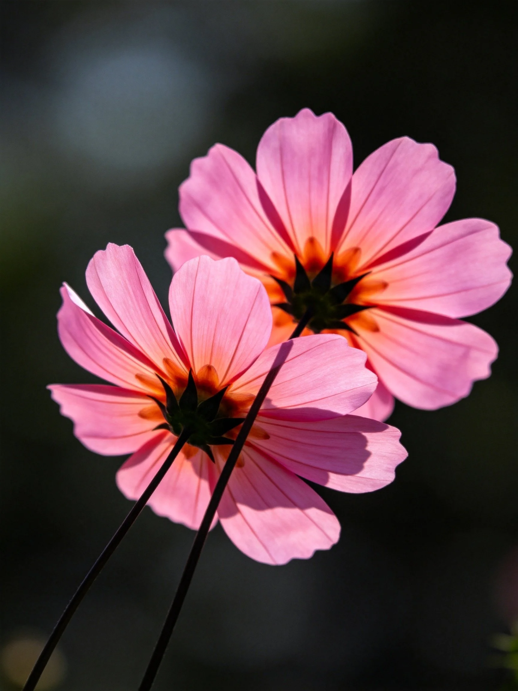 Two vibrant pink cosmos flowers with orange centers