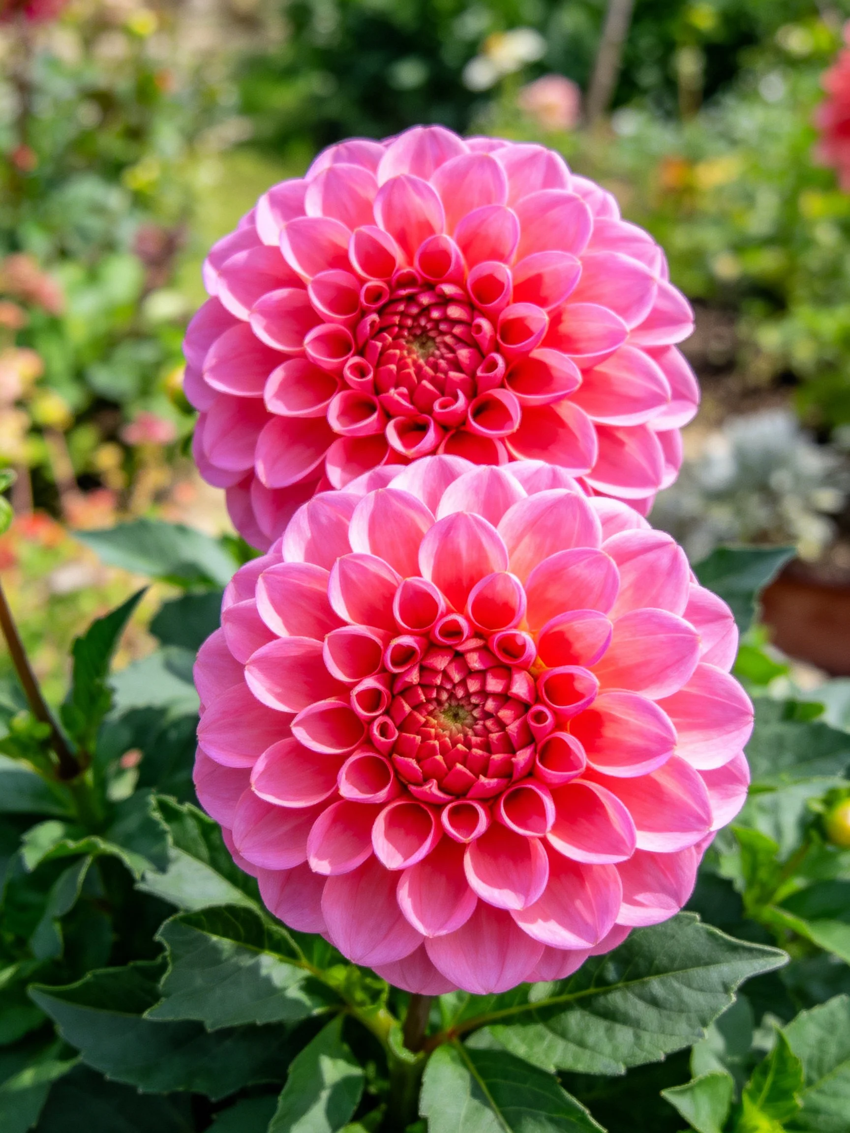 Two vibrant pink dahlia blooms with lush green foliage