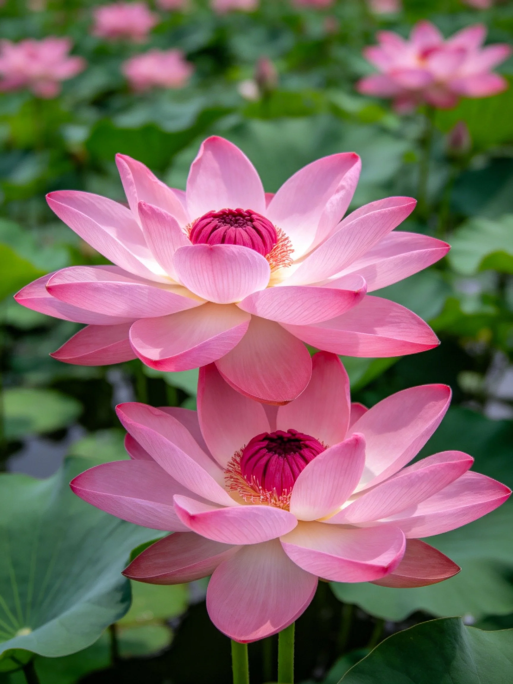 Two vibrant pink lotus blossoms with green leafy surroundings