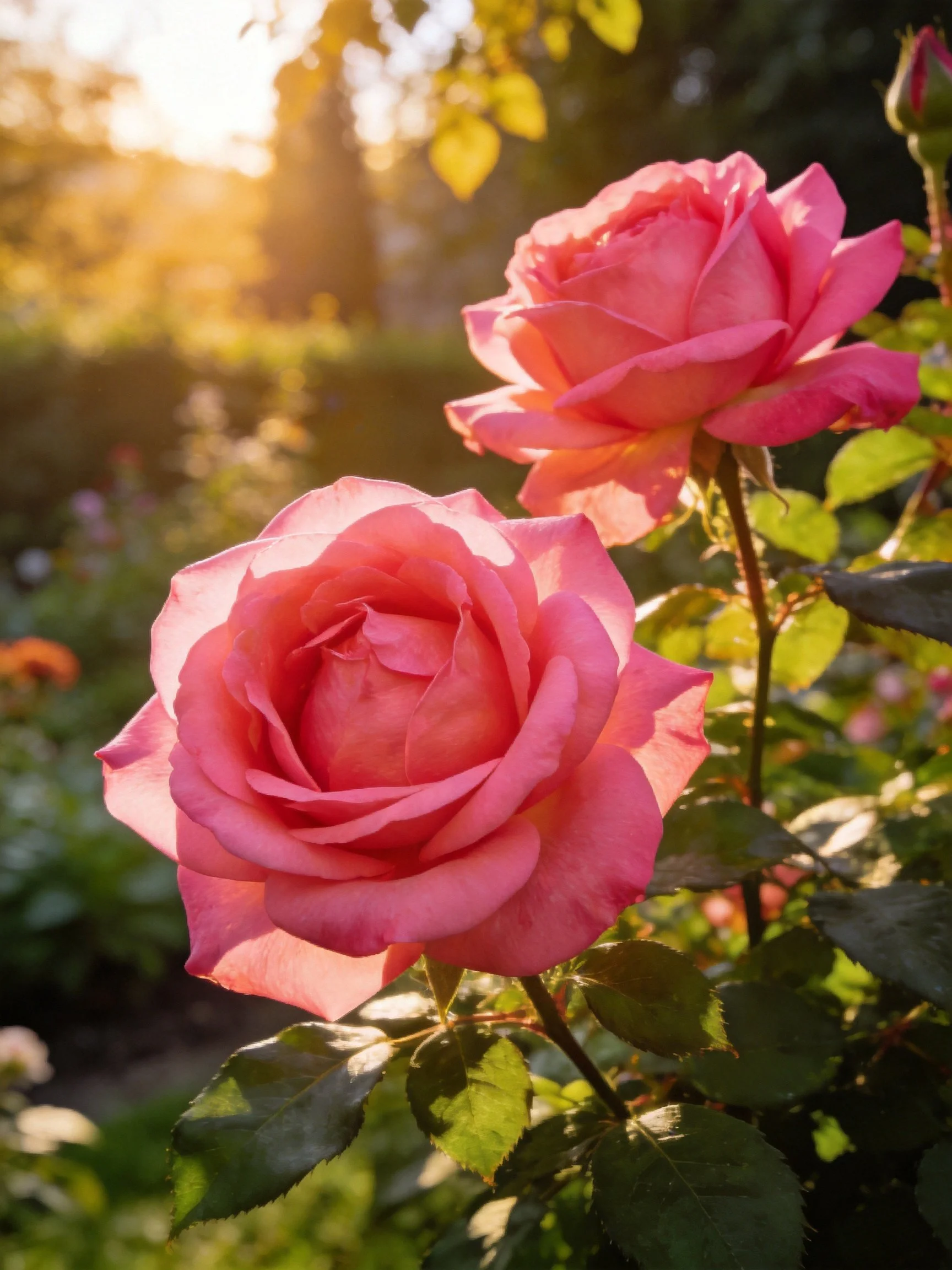 Two vibrant pink roses bloom amid sunlit garden foliage
