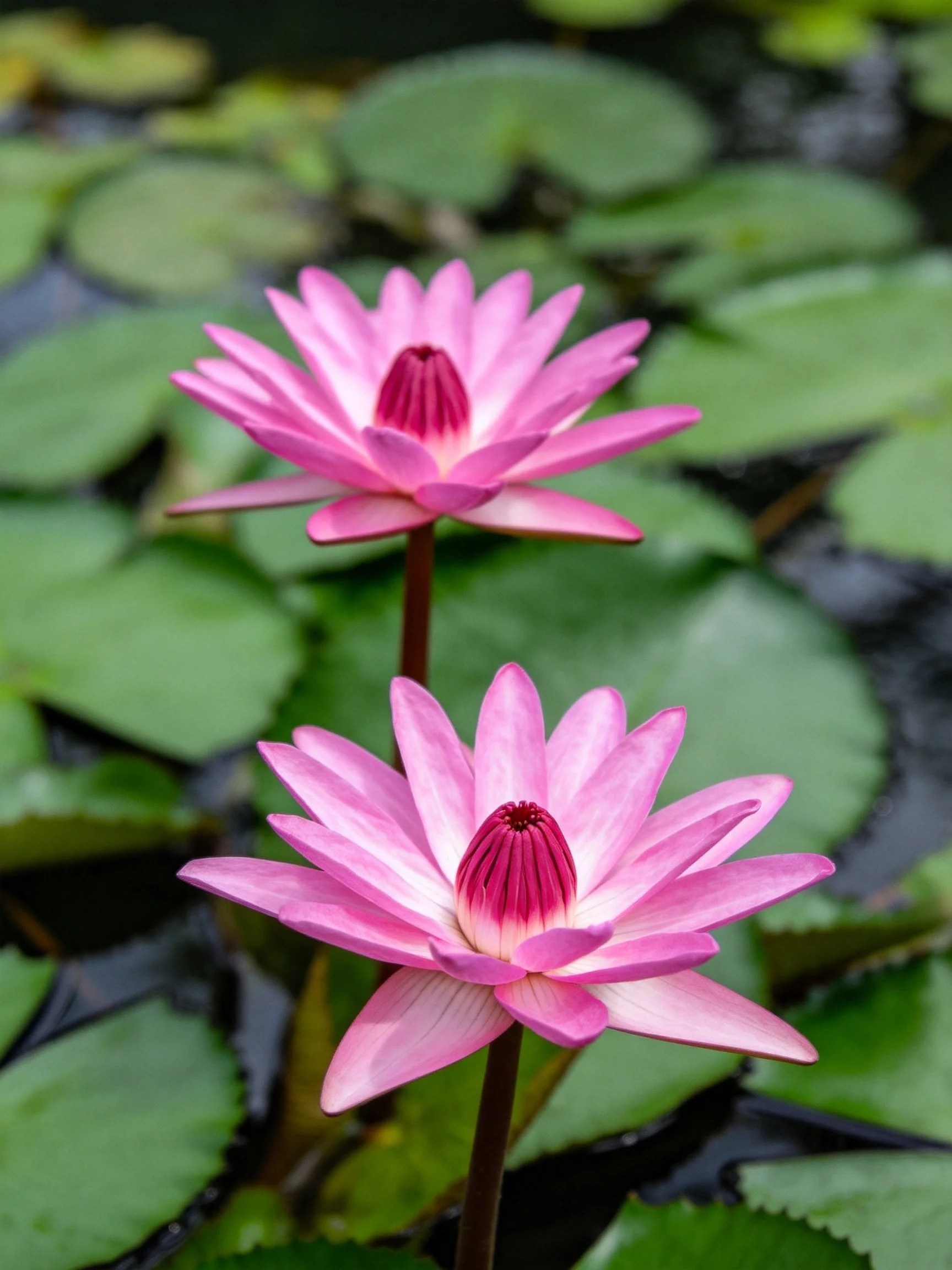 Two vibrant pink water lilies bloom amid lush green lily pads