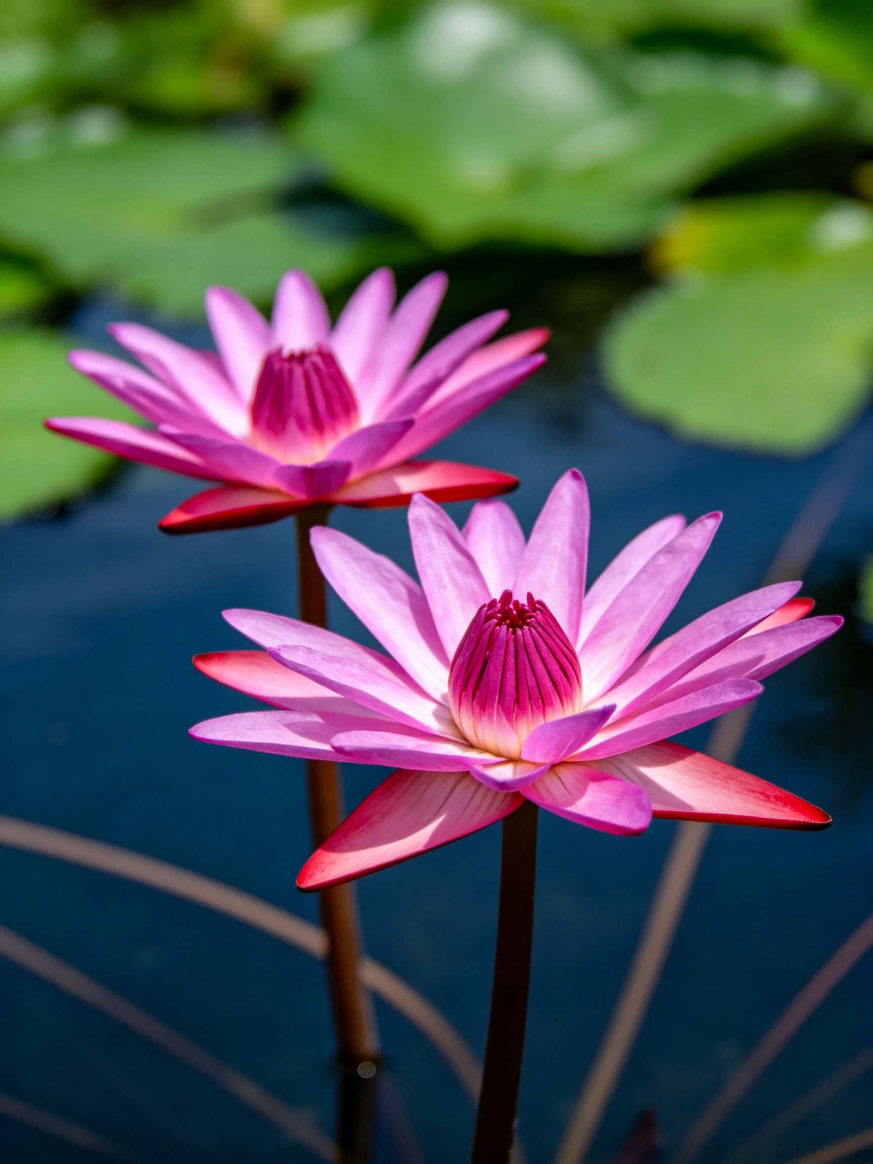 Two vibrant pink water lilies bloom near green lily pads