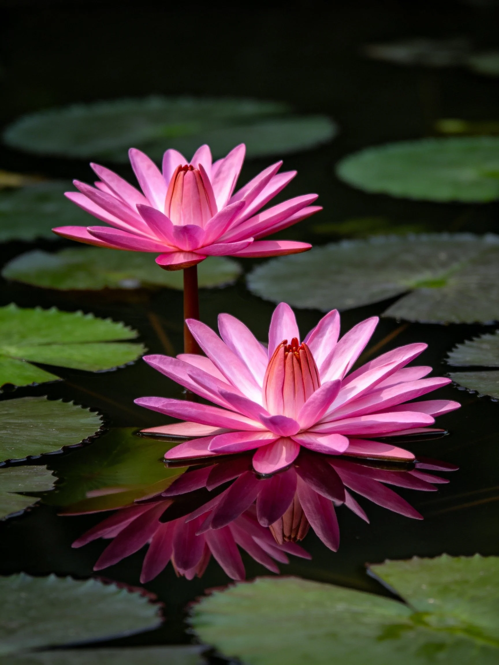 Two vibrant pink water lilies float amid green lily pads with dark water reflection