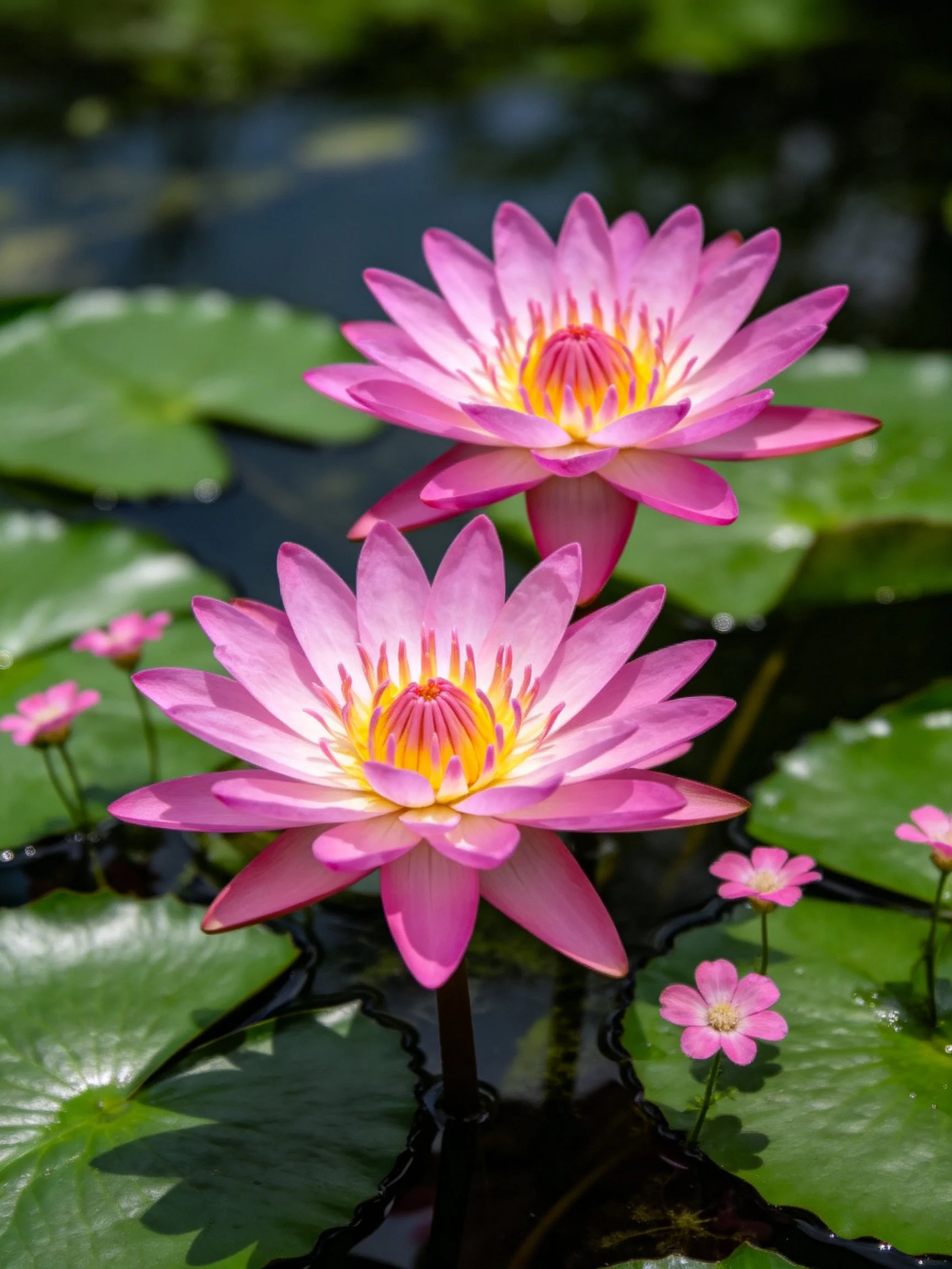 Two vibrant pink water lilies float among green lily pads
