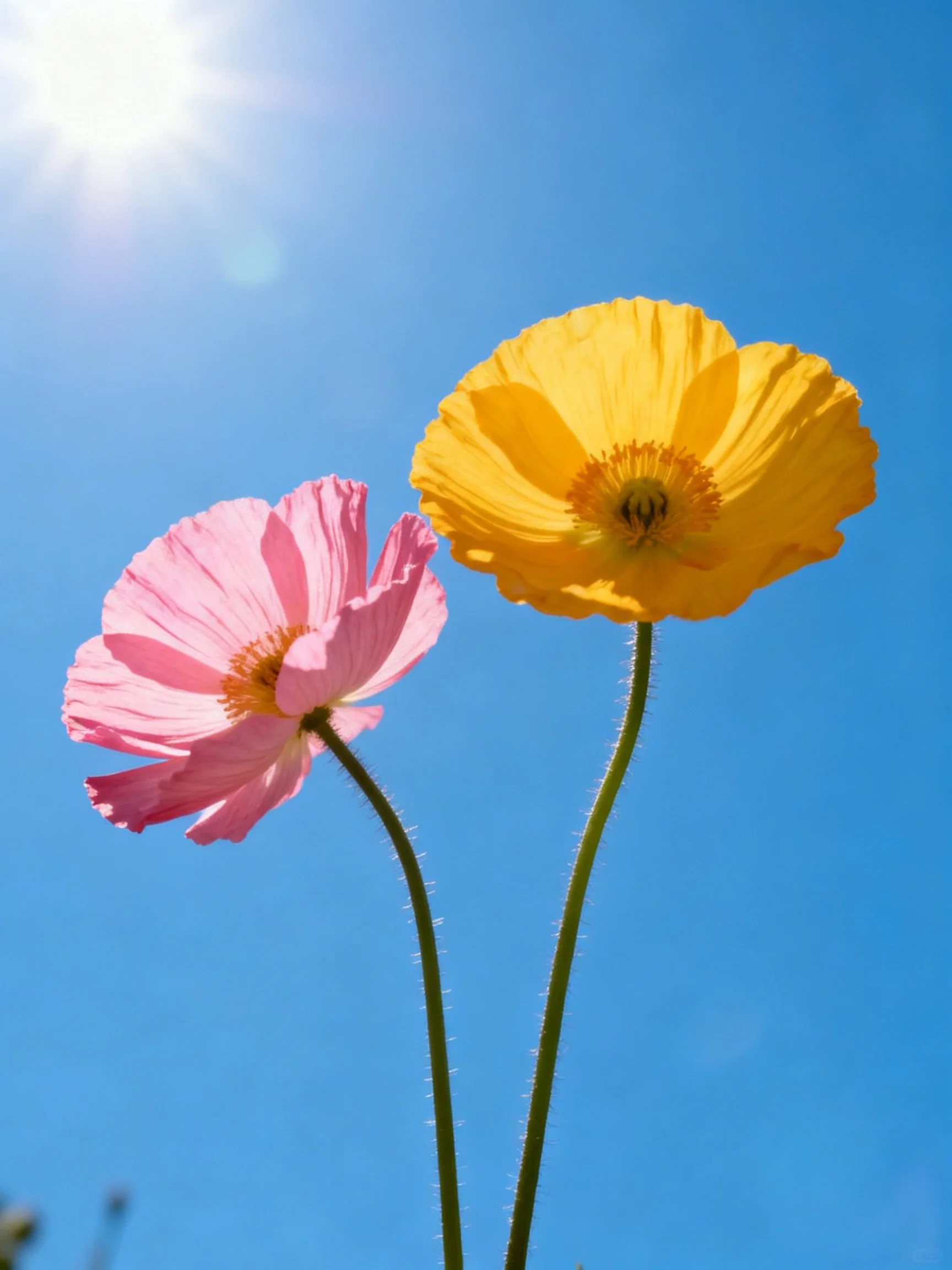 Two vibrant poppies, pink and yellow, under a clear blue sky