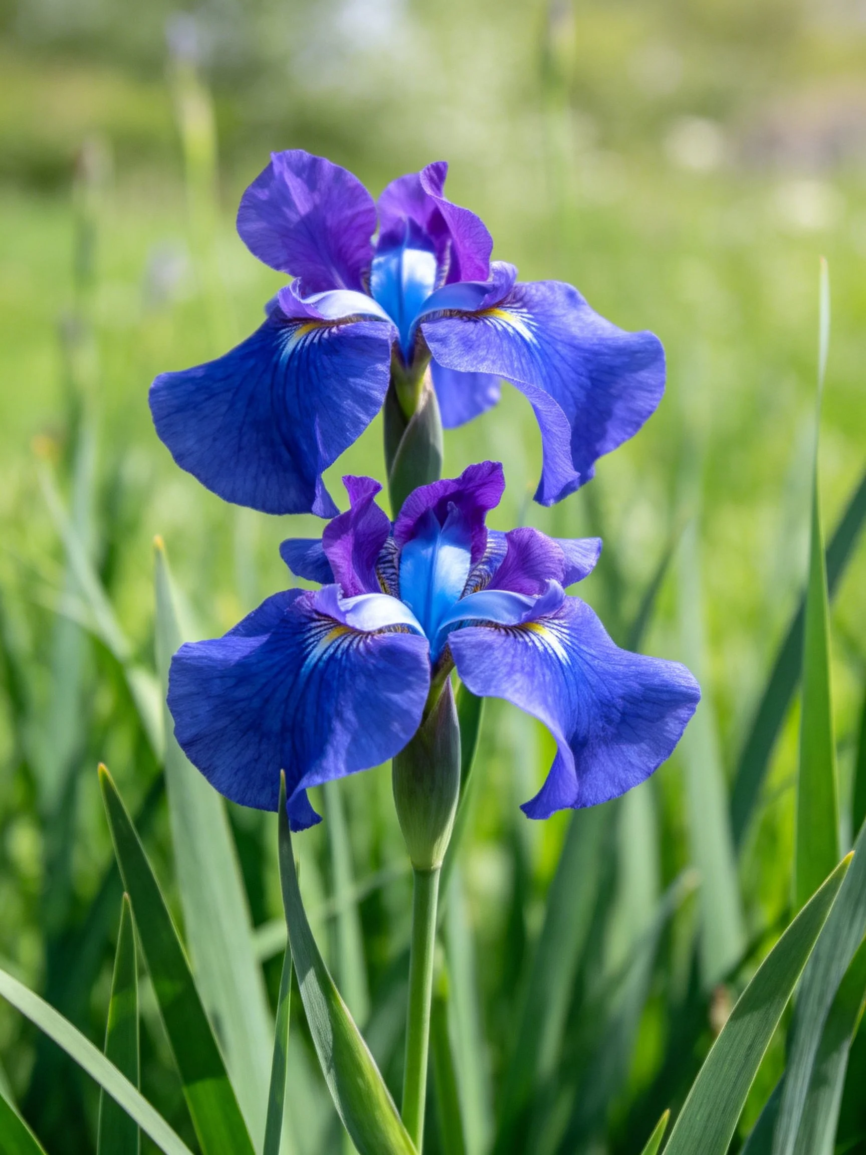 Two vibrant purple-blue iris blooms amid lush green foliage