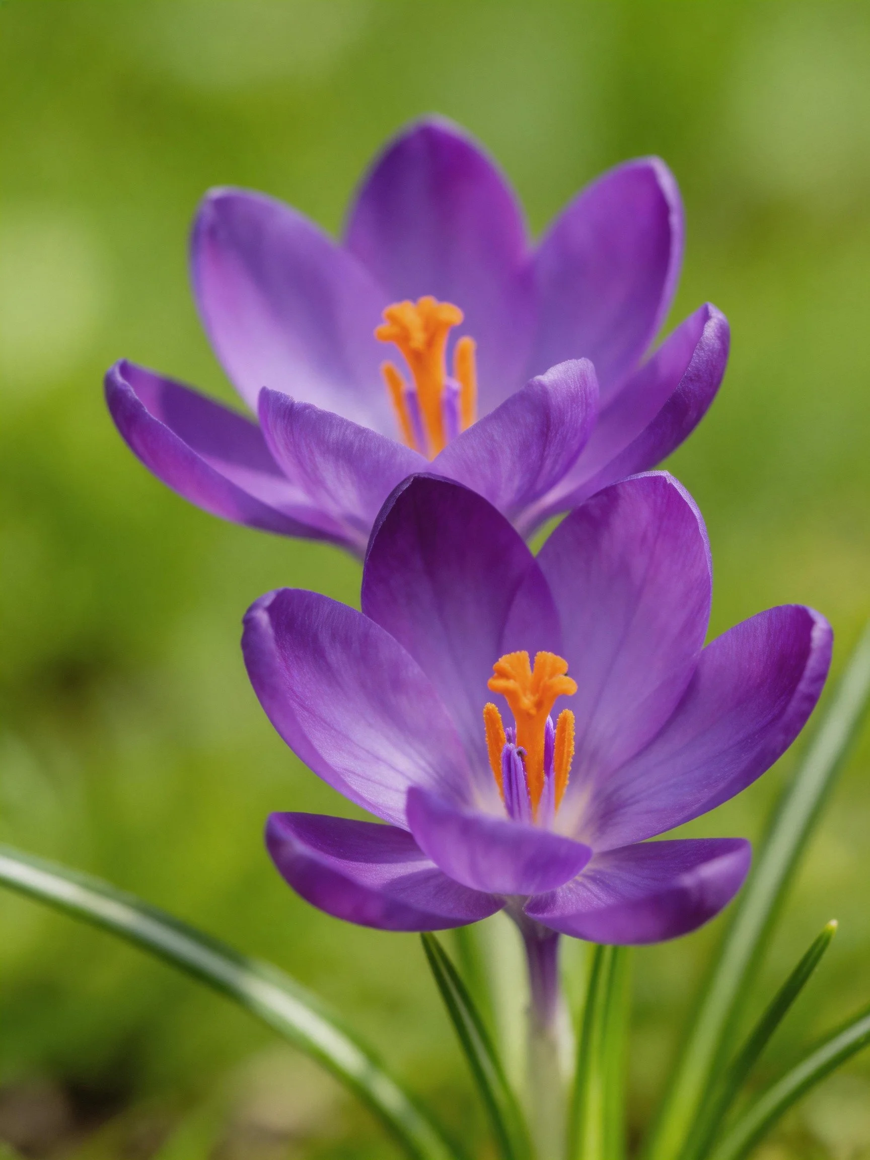 Two vibrant purple crocus flowers with bright orange centers