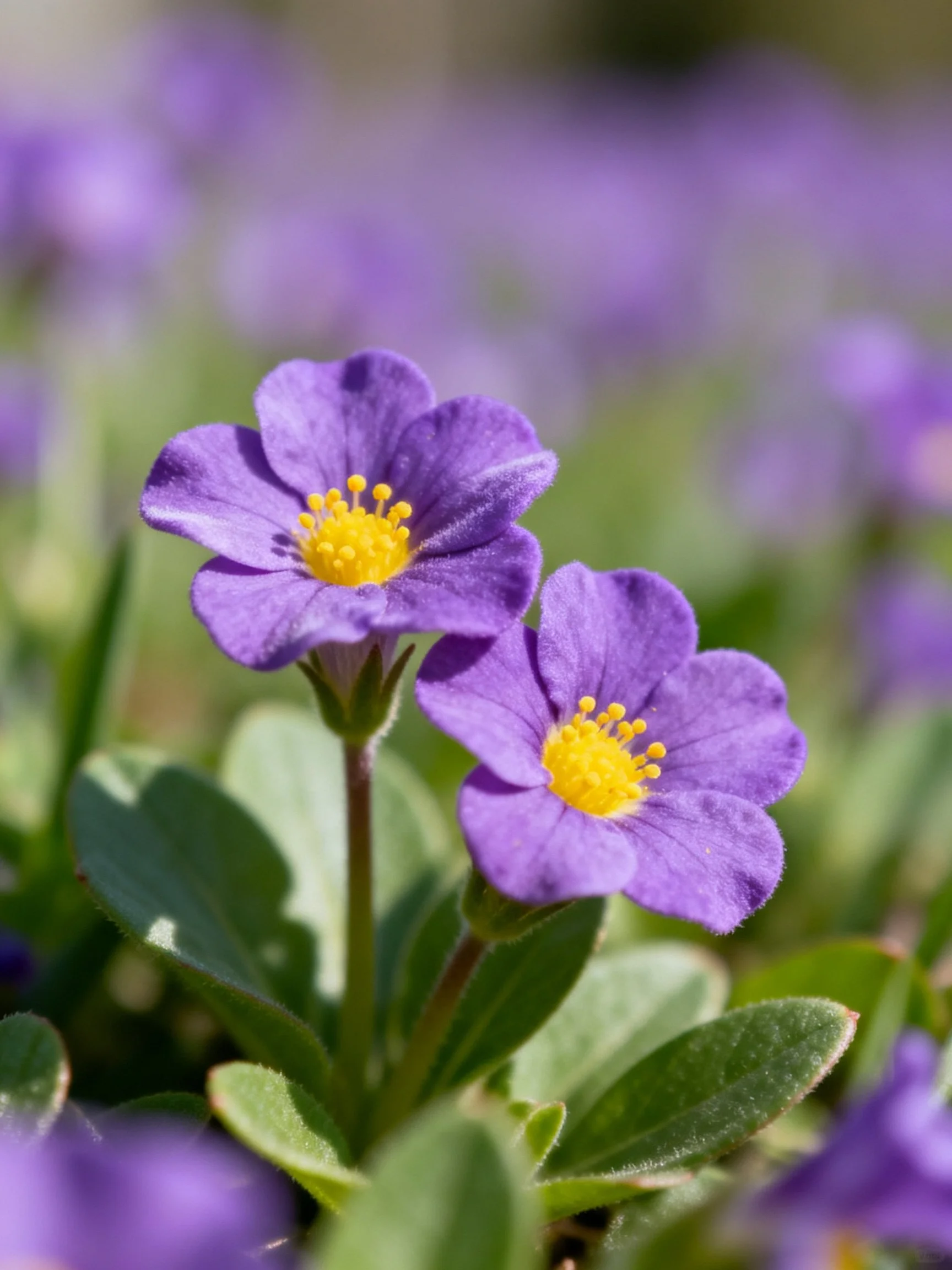 Two vibrant purple flowers with bright yellow centers amid green foliage