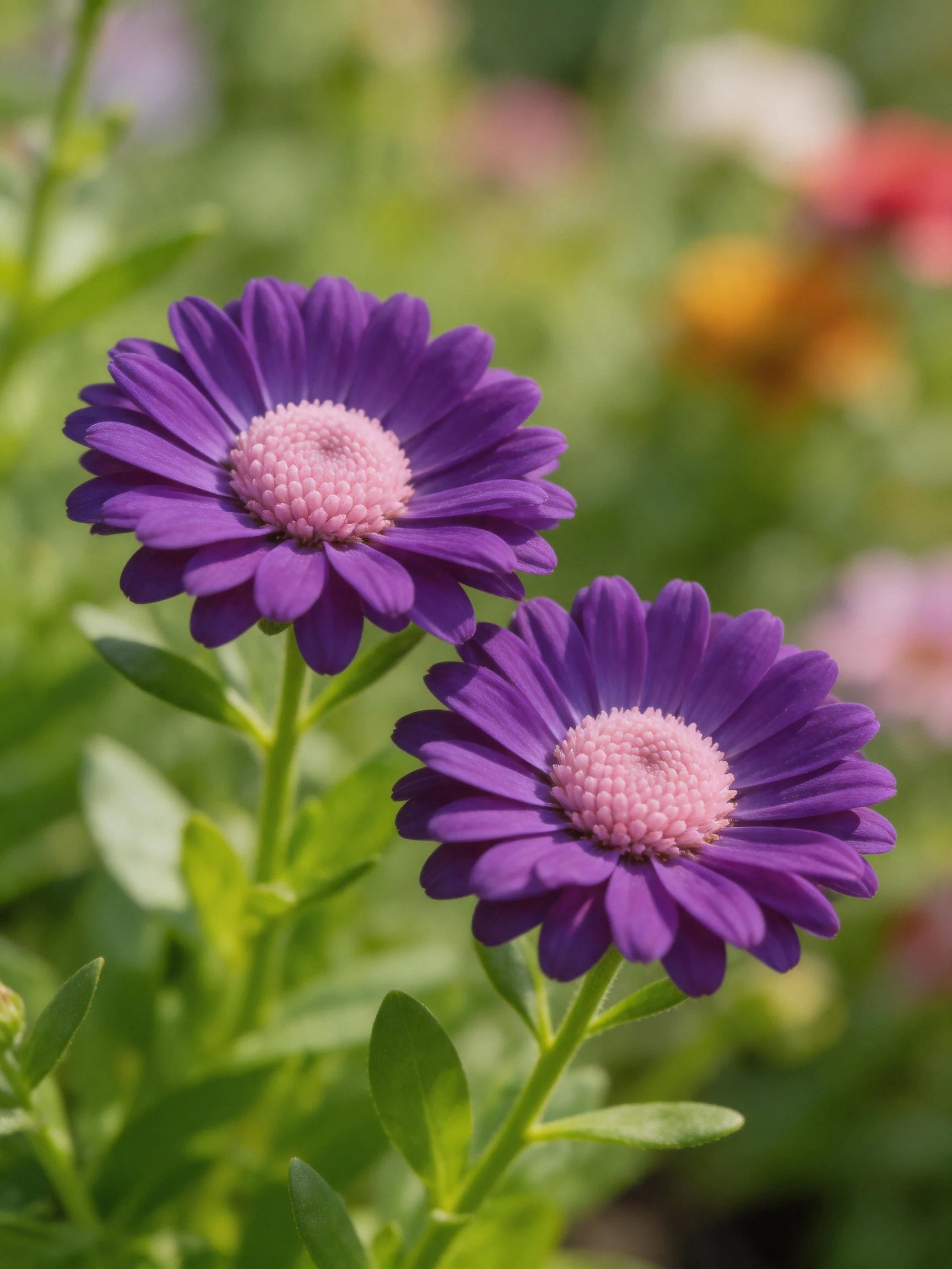 Two vibrant purple flowers with pink centers amidst green foliage