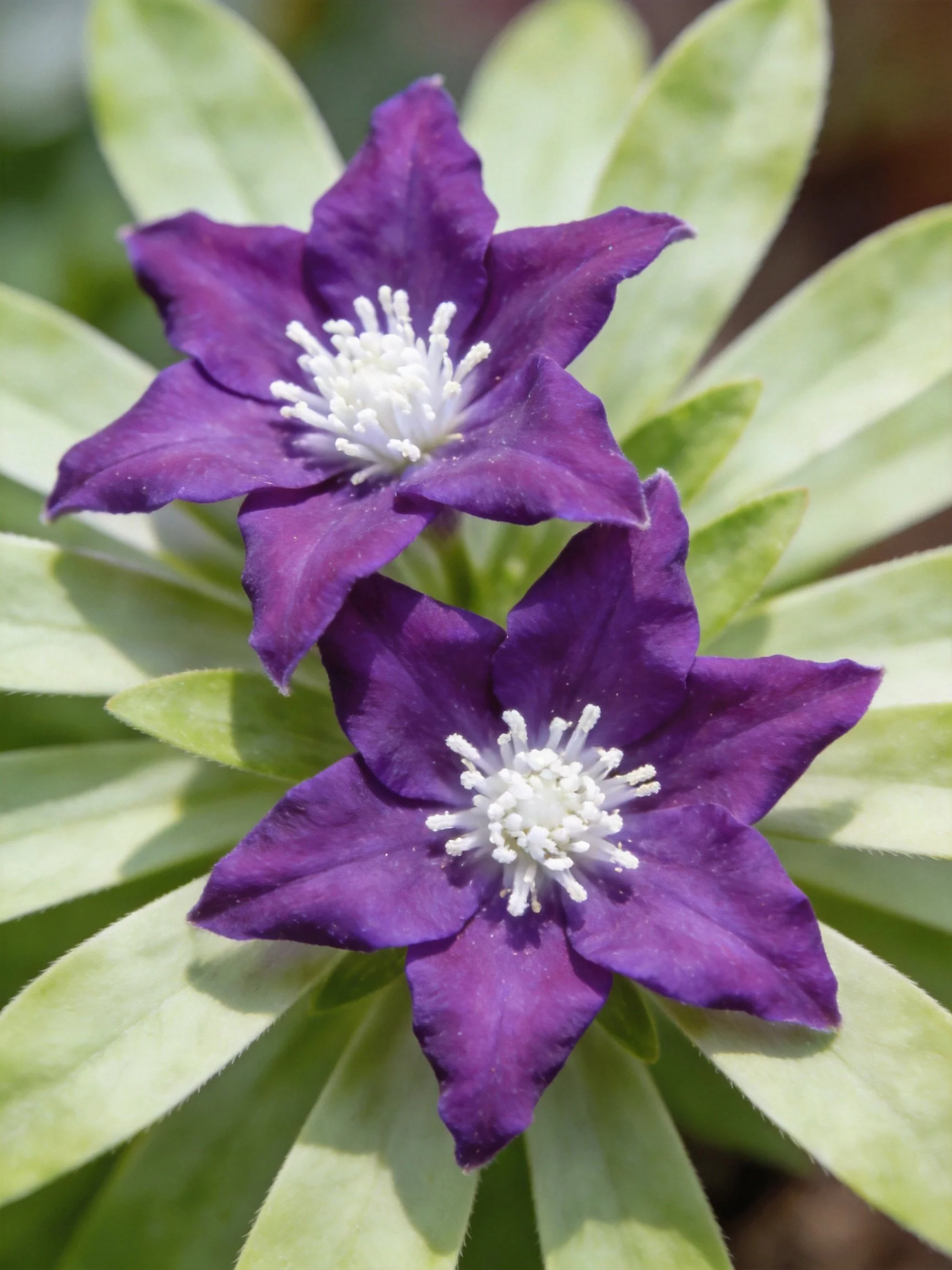 Two vibrant purple flowers with white centers amid pale green foliage